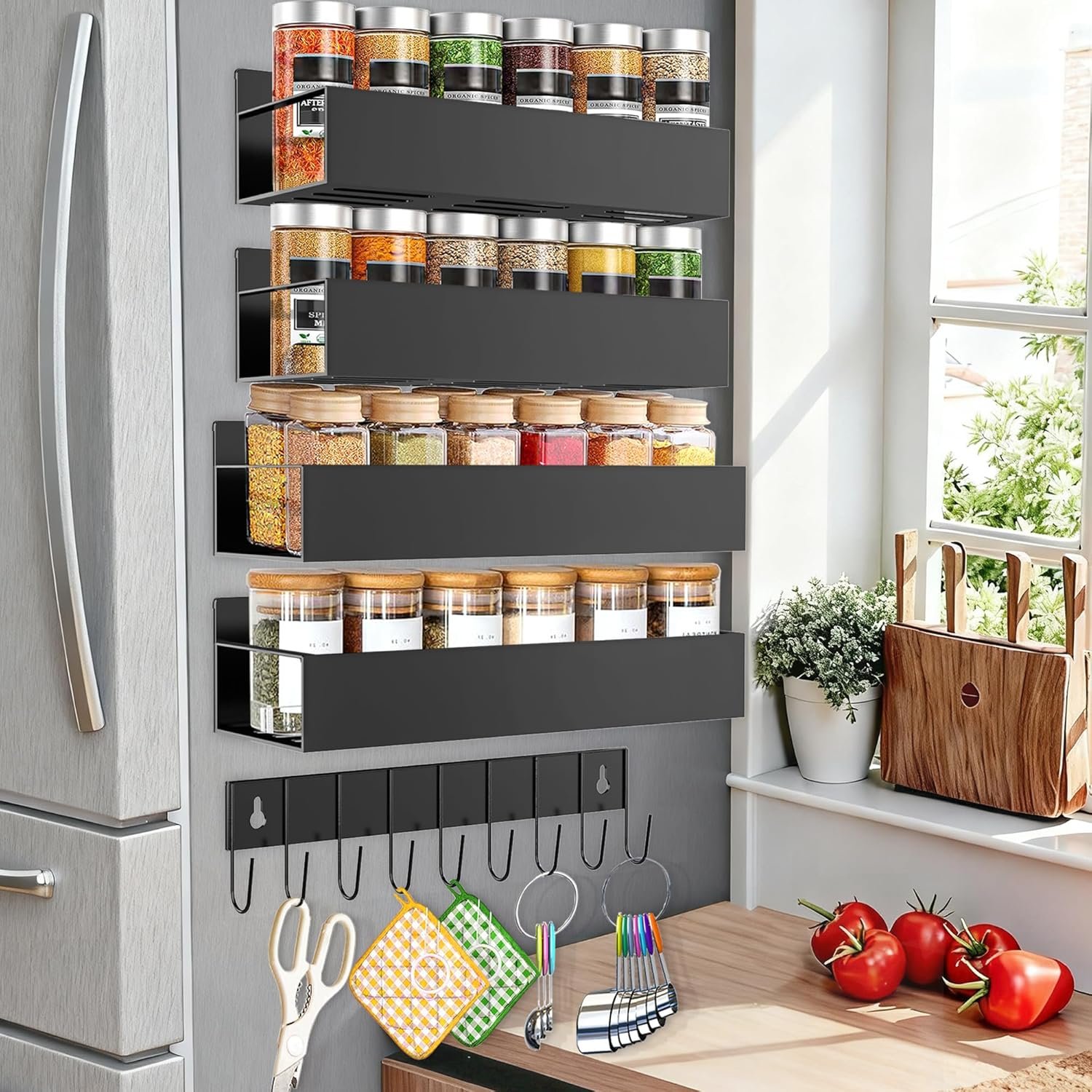 Magnetic Spice Rack for Refrigerator, 4 Pack Magnetic Shelf with 1 Hook Magnet Spice Storage Rack Seasoning Organizer with Screw for Oven Fridge (Black, 4Rack&1Hook)
