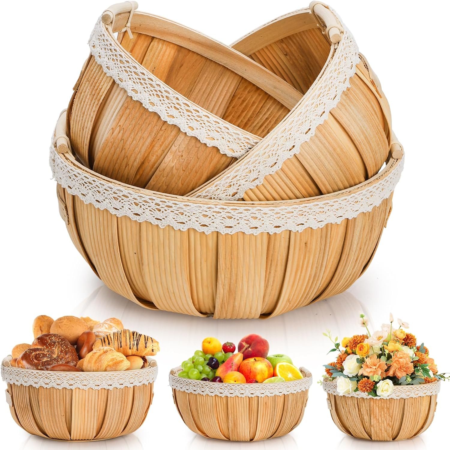 Goaste 3 Pack Wooden Bread Baskets, Wood Chip Picnic Basket with Handles, Round Handwoven Harvest Storage Holder, Wooden Gift Packing Basket Set for Fruit Vegetables, Picnic Wedding Kitchen (3 Sizes)