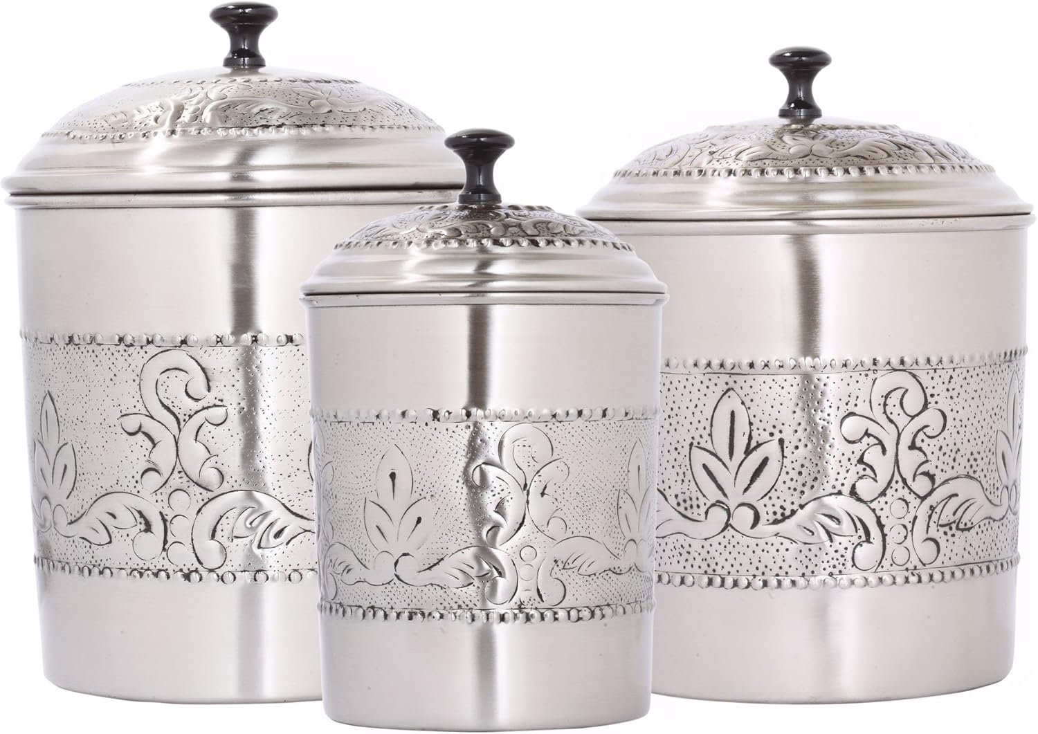 Old Dutch 3- Piece Antique Embossed “Victoria” Canister Set, 5.5 Qt, 4Qt, 3Q, Silver, 3 pc. (411)