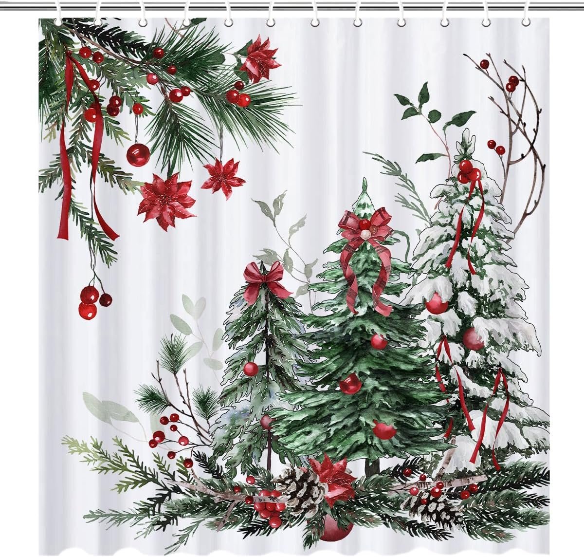 Christmas Trees Shower Curtains for Bathroom, Waterproof Winter Xmas Green Shower Curtain Set with 12 Hooks, 72×72 Inch AH34