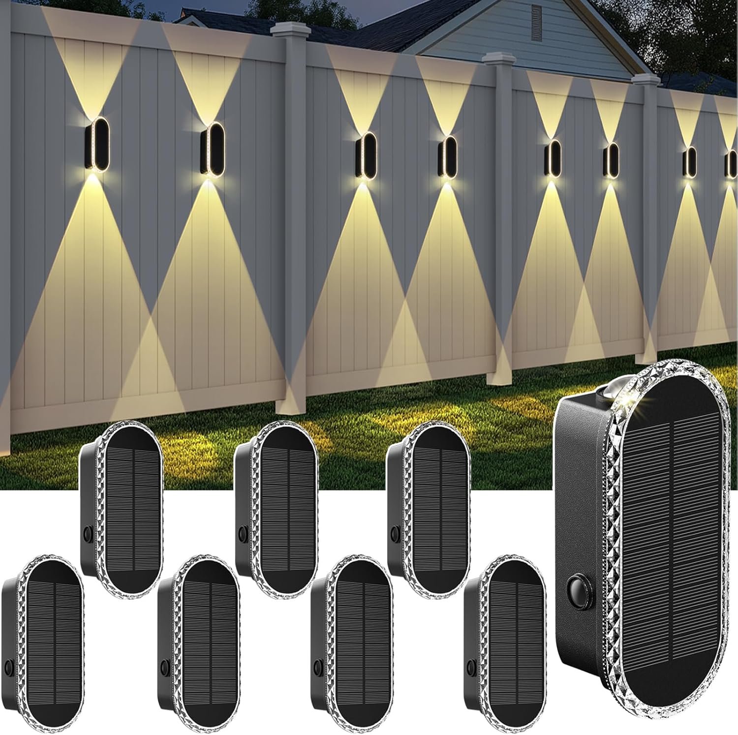 Solar Fence Lights Outdoor – 3000/4000/6000K 3 Modes, IP65 Waterproof Fence Lights Solar Powered, Up & Down Lighting Solar Wall Lights Outdoor for Backyard/Garden/Patio/Garage and Wall decor (8 pack)