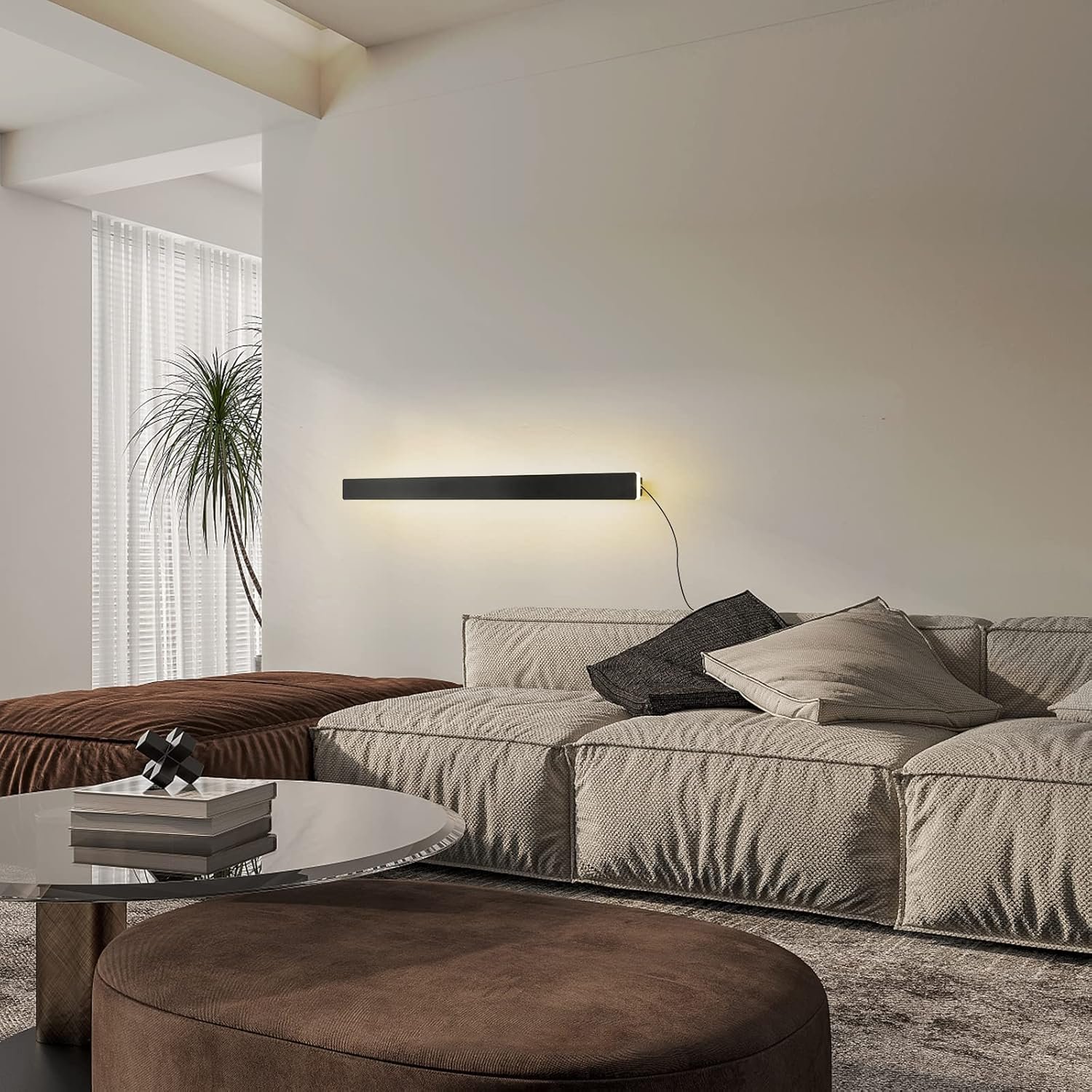 Modern Plug in Long Wall Sconce, 39″ Black Matte LED Wall Lights, 20W Warm White 3000K Acrylic Indoor Wall lamp, with 59″ Plug Cable for Bedroom, Living Room, Hallway