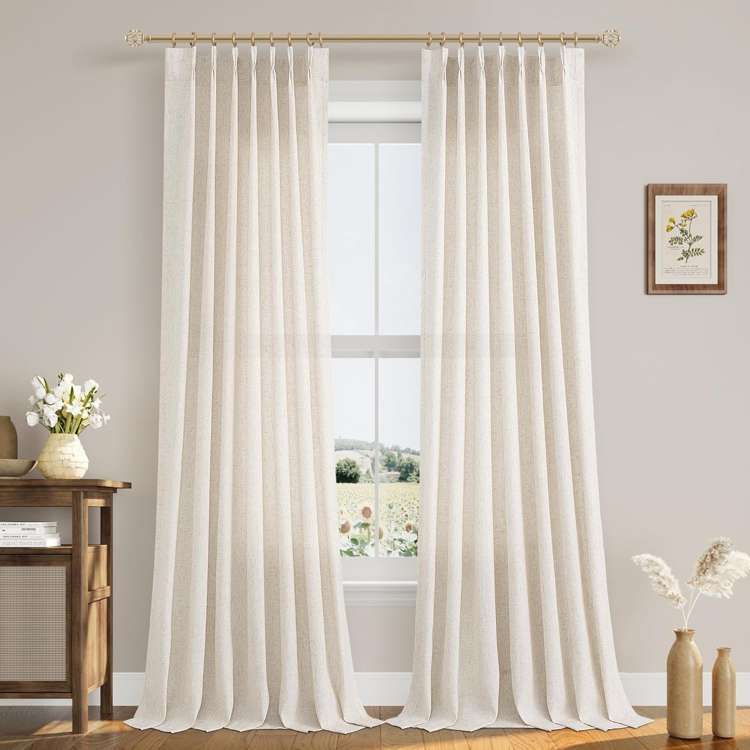 Pinch Pleated 90 Inch Curtains 2 Panels for Living Room Cream Beige Linen Curtains 90 Inches Long Pinch Pleat Drapes for Track System Light Filtering Semi Sheer Curtain for Dining Bedroom Office