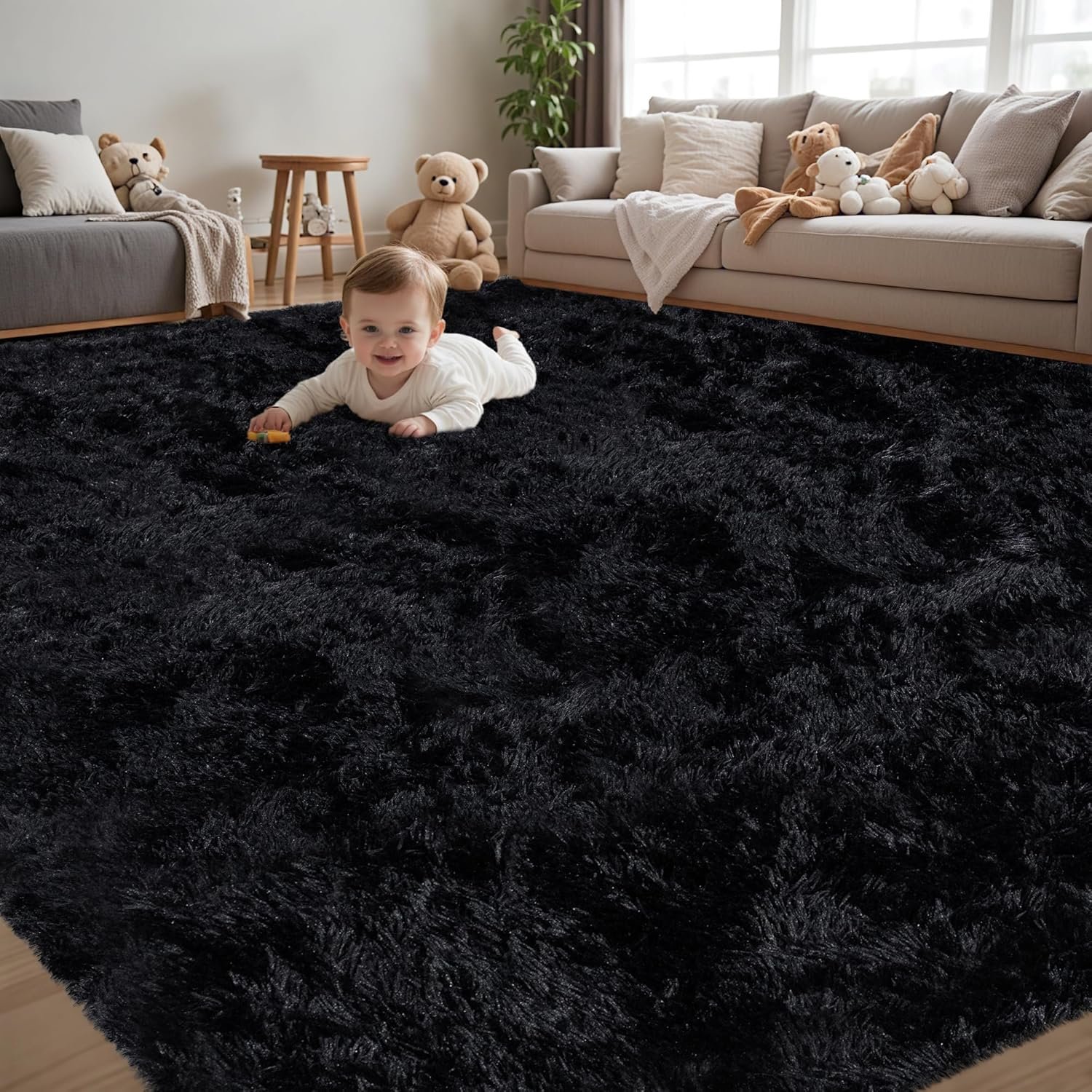 8×10 Area Rug for Living Room:Ultra Soft Fluffy Shag Black Rugs,Large Fuzzy Plush Indoor Non Slip Carpet Washable Rug for Bedroom Kids Nursery Office Dorm Modern Decor(Black)