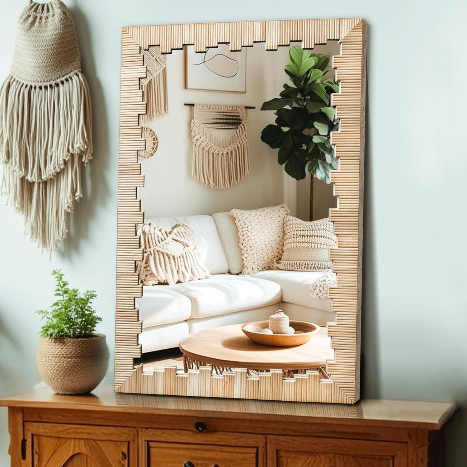 Boho Wall Mirror with Wood Frame, 36″x24″ Faux Rattan Decorative Vanity Mirror for Bathroom, Living Room, Bedroom, Entryway(Rectangle)