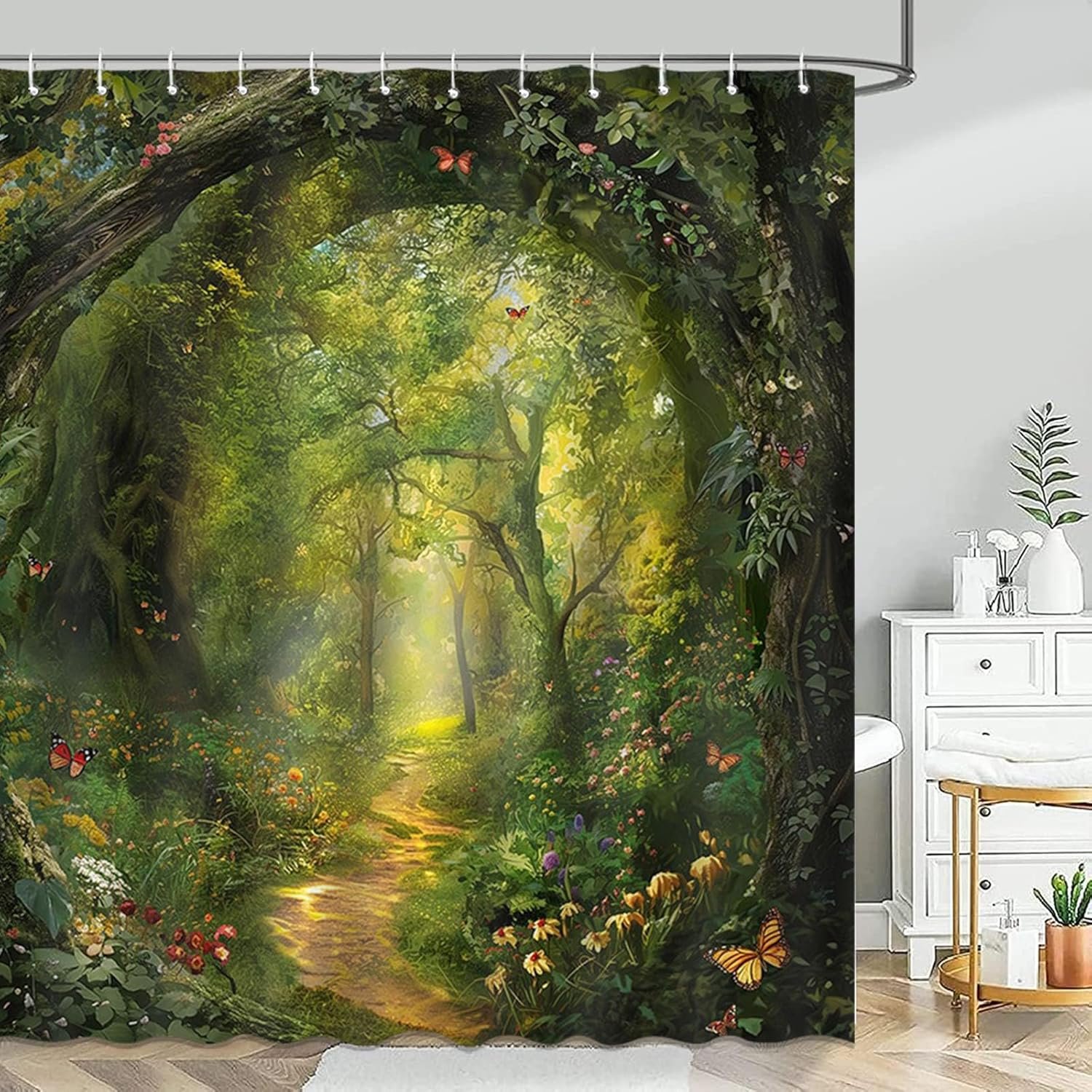Mocsicka Tree Shower Curtain Spring Nature Garden Enchanted Forest Scene Bathroom Shower Curtain Green Tree Waterproof Fabric Shower Curtain Bathtub Decor with 12 Hooks 72 X 72 Inch