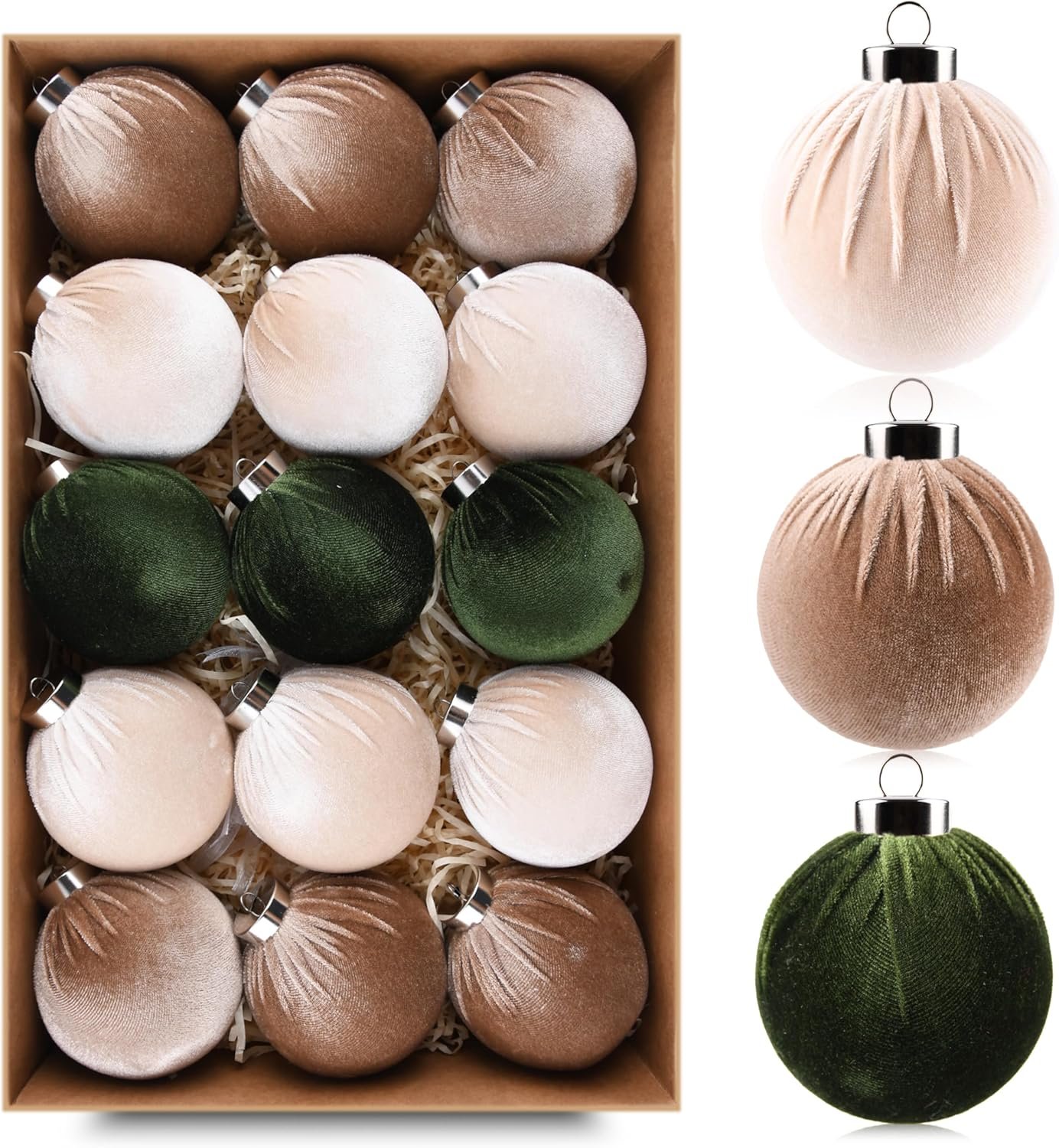 Christmas Tree Ornaments Velvet Balls – Pack of 15pcs Shatterproof Xmas Bulbs Decorations Set – Multicolor Green Brown Neutral, 80mm 3.15 inch