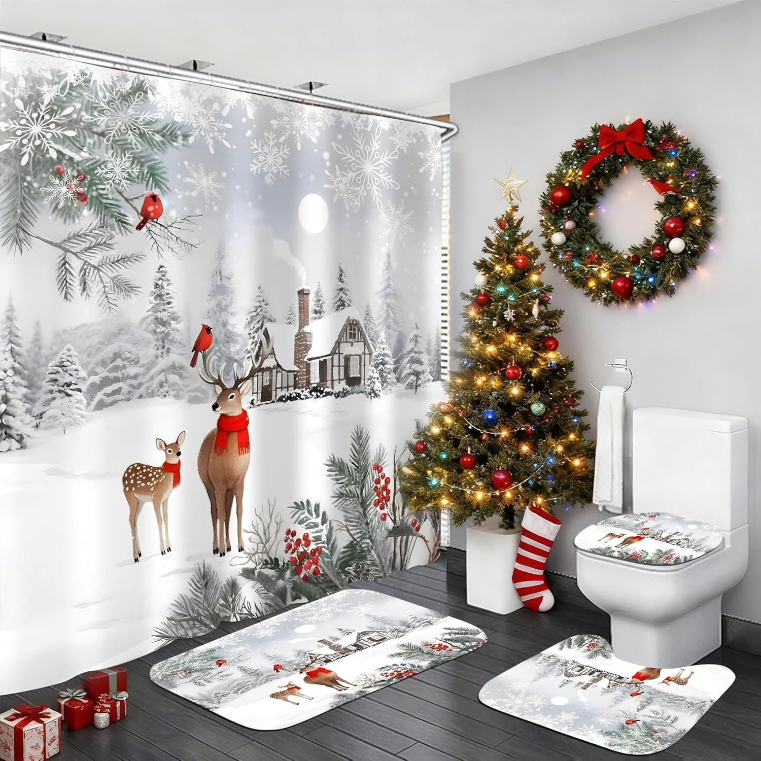 Winter Christmas Shower Curtain Set-Xmas Elk Theme Bathroom Set Christmas Decor 4Pcs Waterproof Shower Curtain with Rugs,Toilet Lid Cover and 12 Hooks