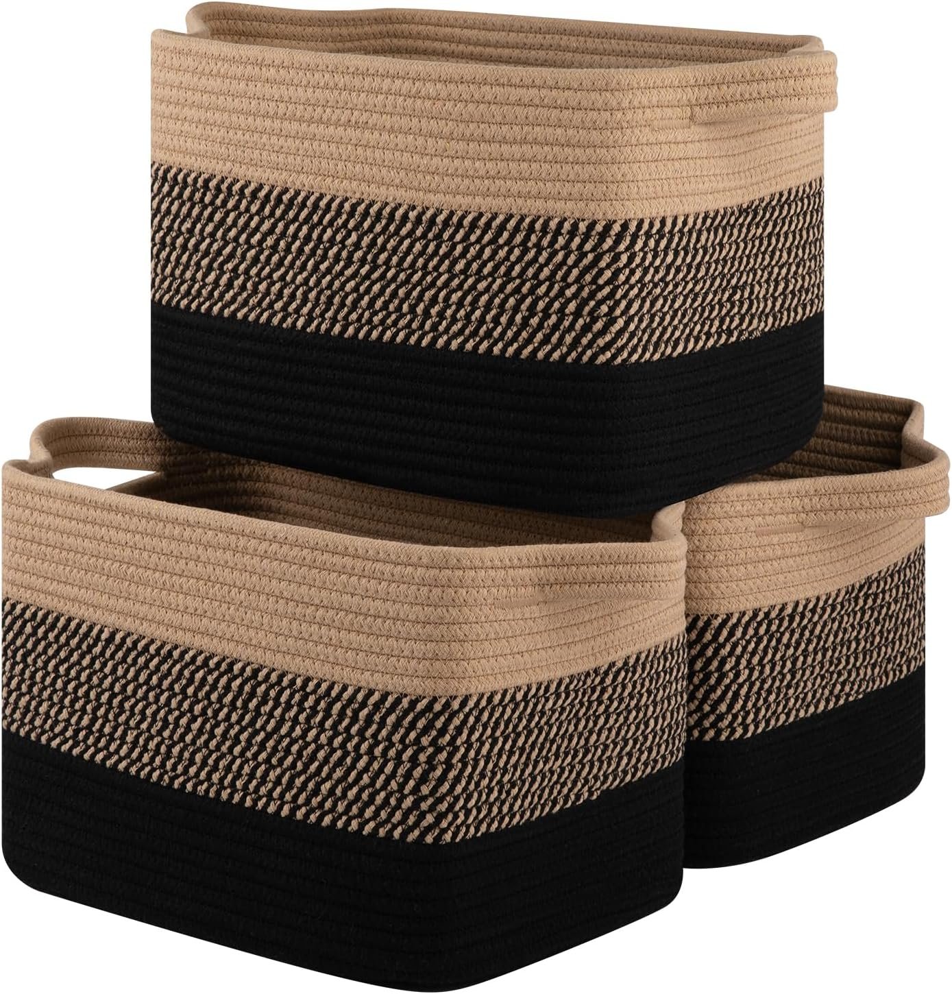 Storage Basket for Organizing, Woven Baskets for Storage, Rectangle Decorative Baskets for Shleves, Closet, Toys, Books, Nursery Organizer Bins – Pack of 3 (Black & Brown, 13″x9.85″x8.7″)