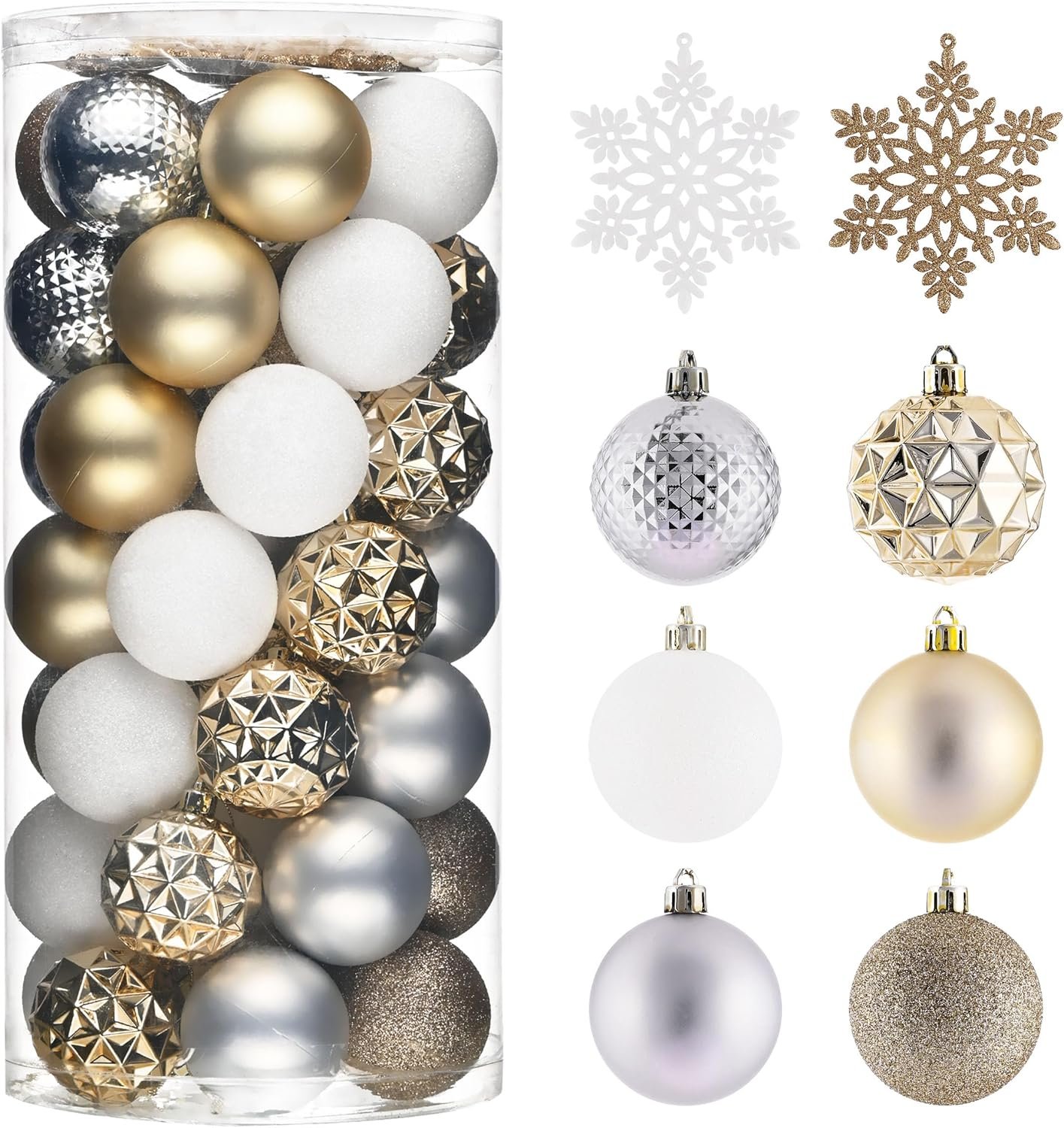 Valery Madelyn Christmas Tree Decorations Ornament Set, 50ct 2.36 Inches White and Gold Shatterproof Christmas Ball Ornaments Hanging Xmas Holiday Party Decor