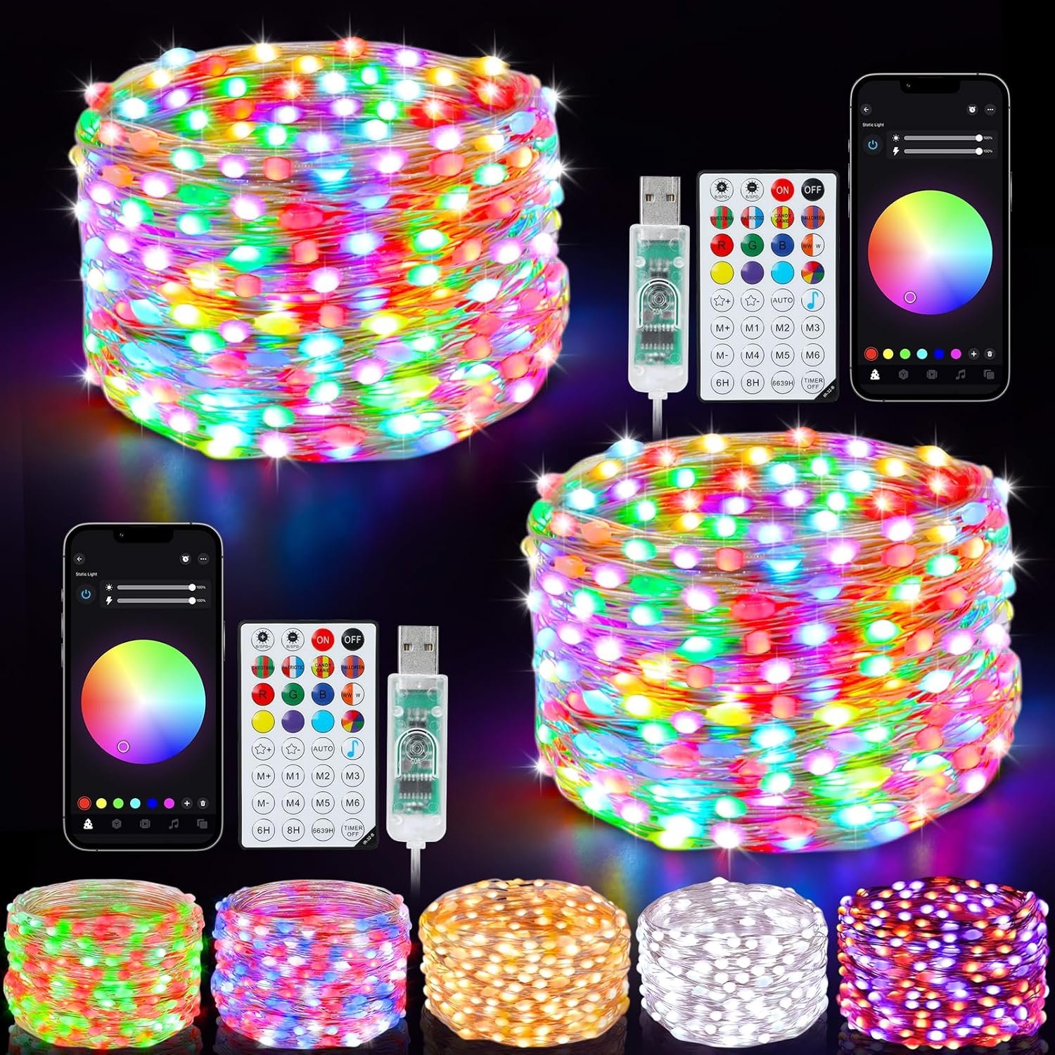 Smart Fairy Lights 2 Pack 66Ft 200 LED Twinkle String Lights with Remote & APP Control, Color Changing USB Christmas Tree Lights Music & Mic Sync for Christmas Holiday Party Decor