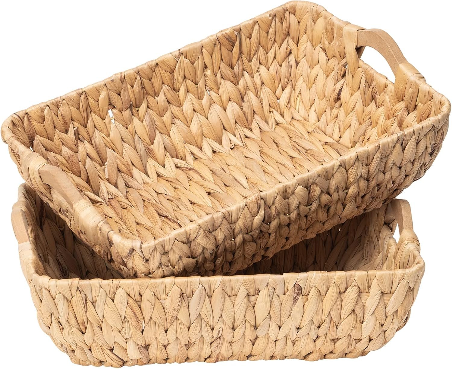 FairyHaus Wicker Baskets with Handles, Natural Wicker Basket for Organizing Shelves, Small Hand Woven Water Hyacinth Storage Baskets Set of 2, 14.96×10.04×4.73