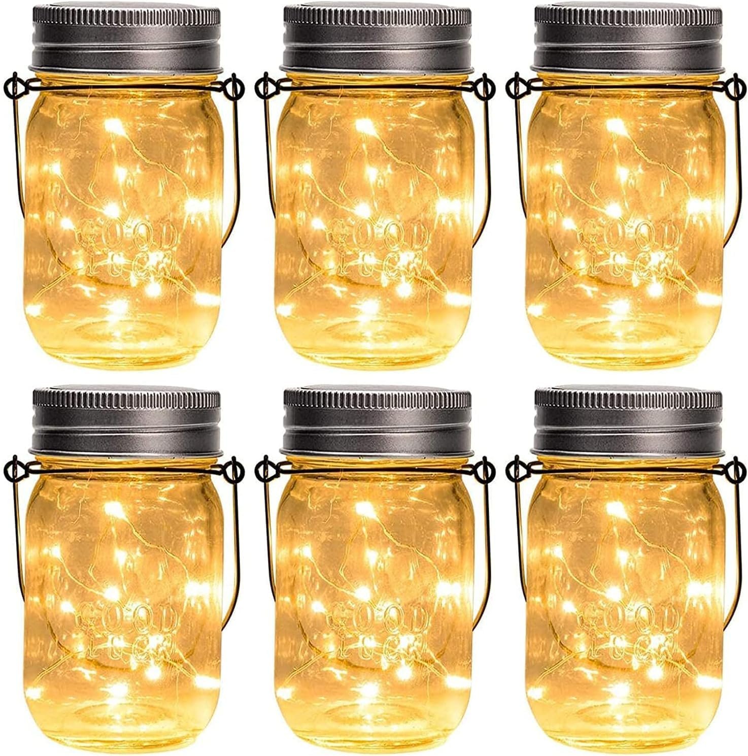 GIGALUMI Hanging Mason Jar Solar Lights, 6 Pack 30 Led Hanging Solar Lanterns Outdoor Waterproof, Hangers and Jars Included, Outdoor Decor for Balcony, Garden, Patio, Yard, Wedding