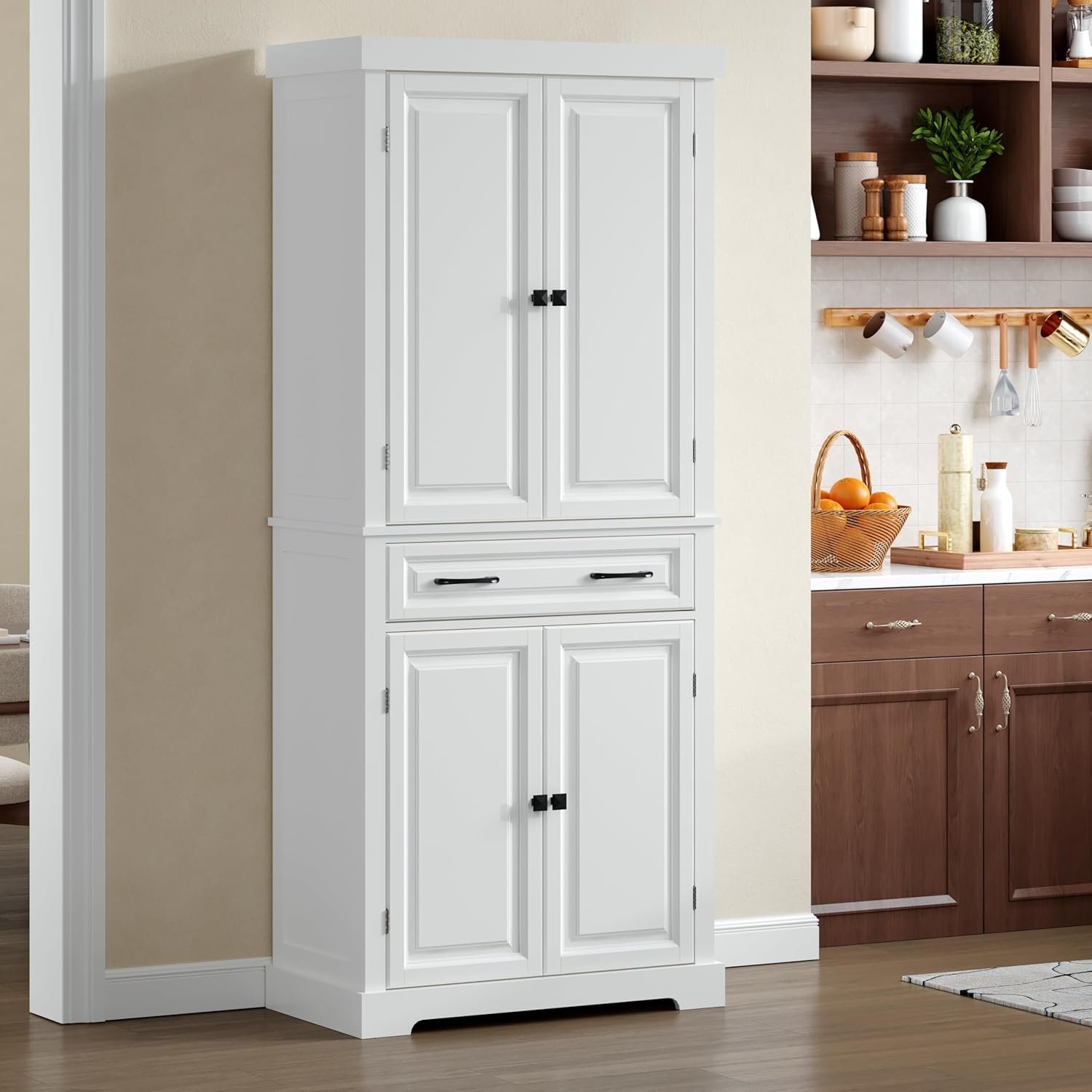 72″ Tall Kitchen Pantry Cabinet, White Wooden Storage Cabinet with Drawer, Adjustable Shelves & Anti-Tip Device, Freestanding Bathroom Storage Cabinet, Pantry Cabinets for Kitchen Storage