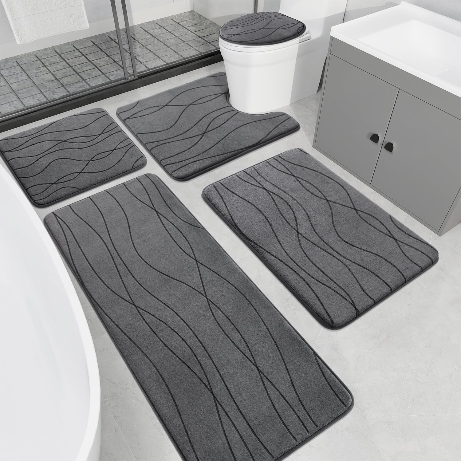 YIHOUSE Memory Foam Grey Bathroom Rug Sets 5 Piece, Ultra Absorbent Bath Mat for Bathroom – Non-Slip Machine Washable & Dry Quickly, 5 Piece Bathroom Mat Set, Dark Grey