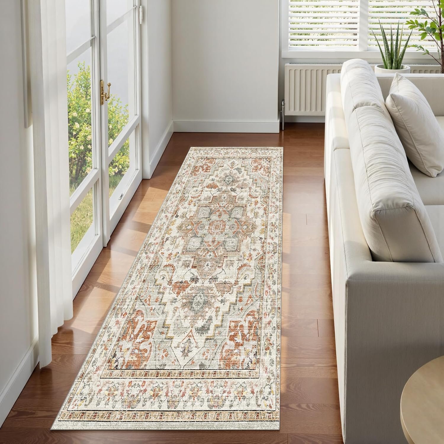 Enkor Runner Rugs for Hallway, 2.6×13 Washable Soft Boho Non Slip Floor Rugs for Kitchen, Modern Mat for Living Room Bedroom Entryway Beige & Orange