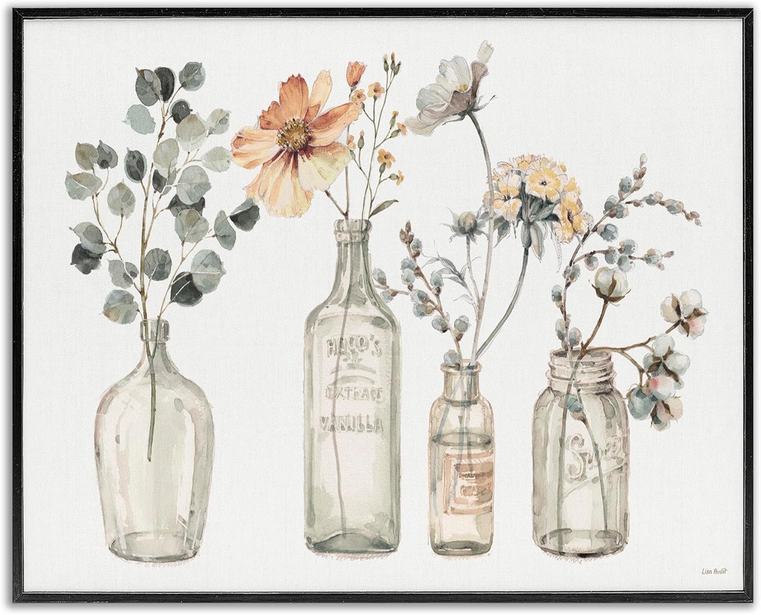 Stupell Industries Antique Floral Bouquets Flowers Glass Jar Painting, Black Framed, 16 x 20