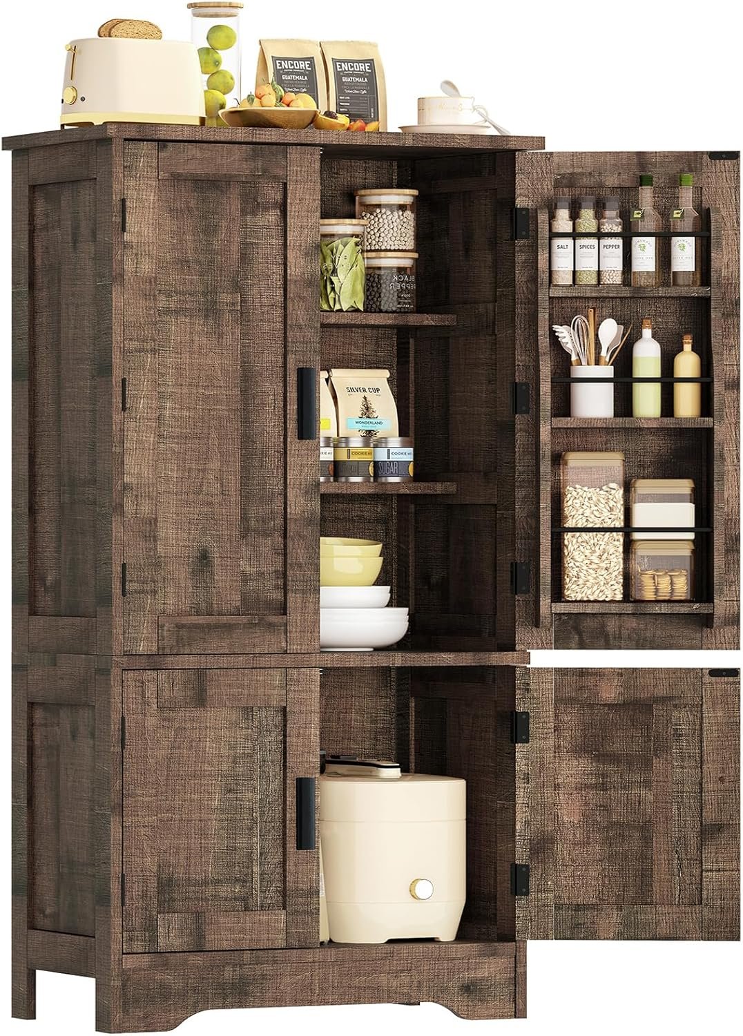 usikey Storage Cabinet with 4 Doors, 43.3″ H Farmhouse Kitchen Cabinet with 6 Door Shelves, Kitchen Storage Cabinets with Adjustable Shelves, for Living Room, Antique Oak