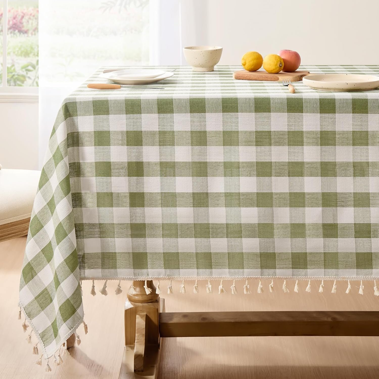 Softalker Checkered Tablecloth Rectangle, Heavy Weight Linen Gingham Christmas Table Cloth with Tassel, Washable Wrinkle Free Buffalo Plaid Table Cover for Dining/Party/Home – 55 x 84 Inch, Sage