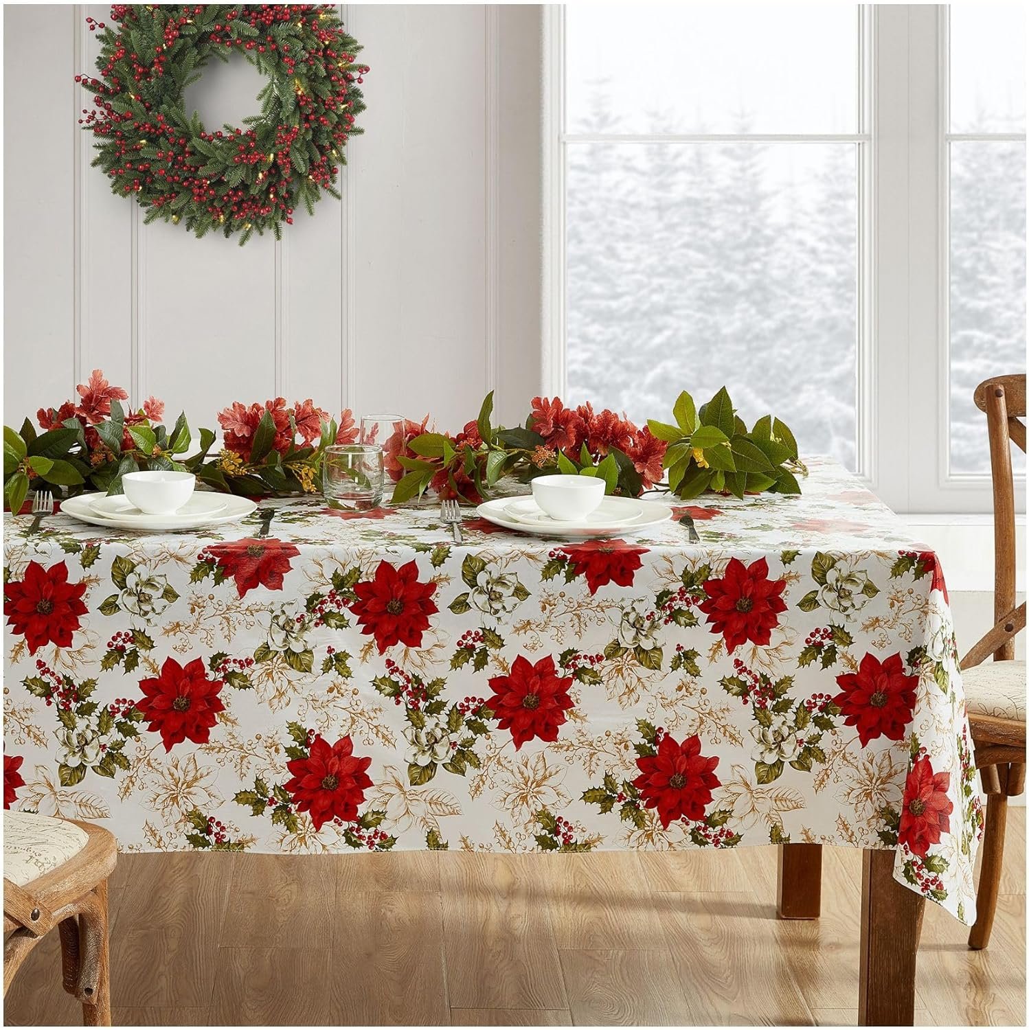 Elrene Home Fashions Christmas Poinsettia Grace Water- and Stain-Resistant Vinyl Tablecloth with Flannel Backing, 52″x70″ Rectangle
