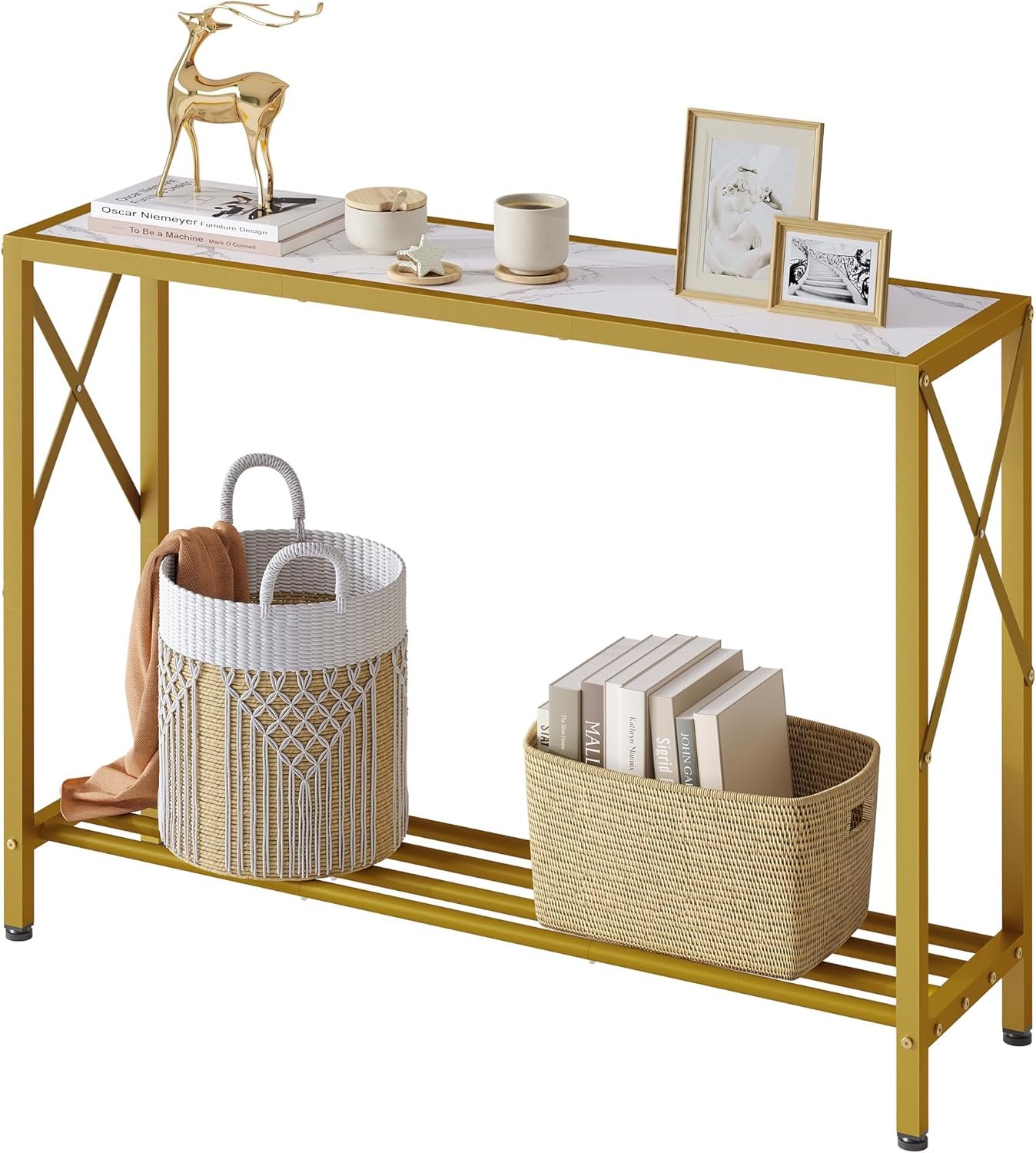 Tajsoon Entryway Table 41.8”, 2-Tier Entry Way Console Entrance Table, Narrow Sofa Table with Shelves, Ideal for Hallway, Entryway, Living Room, Foyer, Corridor, and Office (Gold & White)