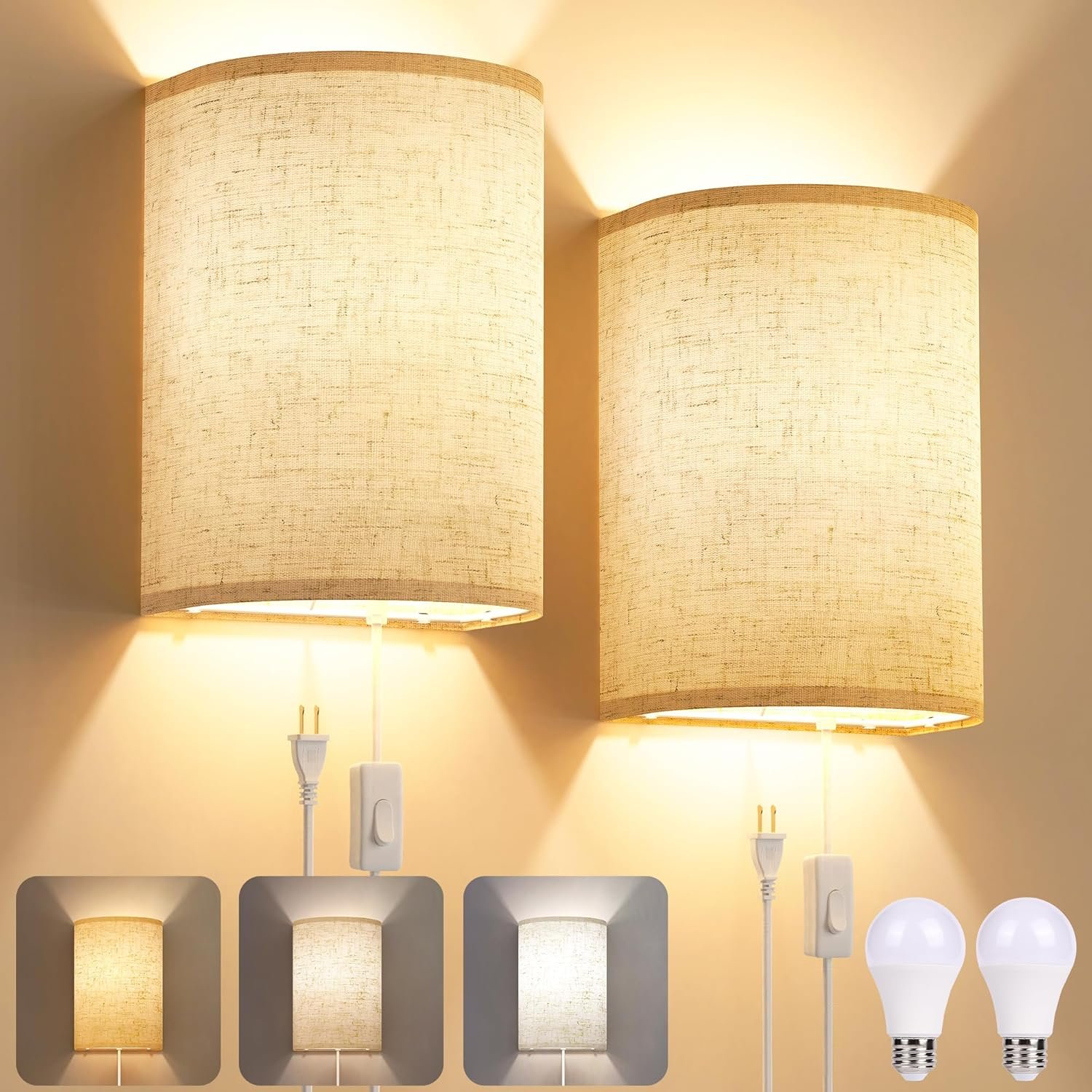 Plug in Wall Sconces Set of Two: Wall Lights with On/Off Switch – Stepless Color Temperature Wall Mount Lamps – Fabric Linen Wall Sconce for Bedroom Living Room & Hallway- Indoor Corded Wall Sconces