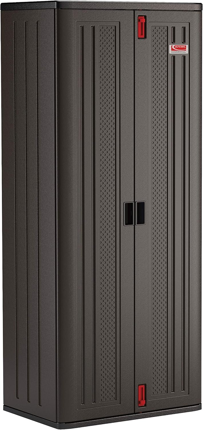 Suncast 19 Cubic Ft. Heavy-Duty Resin Cabinet with Lockable Handles, Multi-Wall Construction, and Metal-Reinforced Shelves for Basement, Utility Room and Garage Storage, Black, Made in the USA