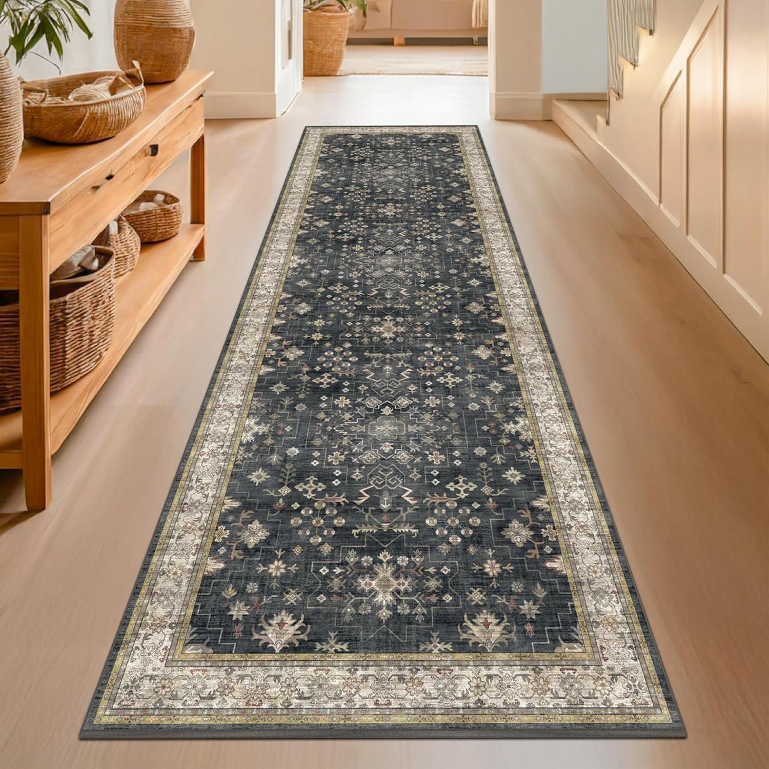 Dark Washable Long Runners for Hallways, 2’6″x8′ Wide Kitchen Runner Rug, Entryway Indoor Rug, Non Slip Rubber Backing Boho Vintage Floor Decor, Ashen/Multi