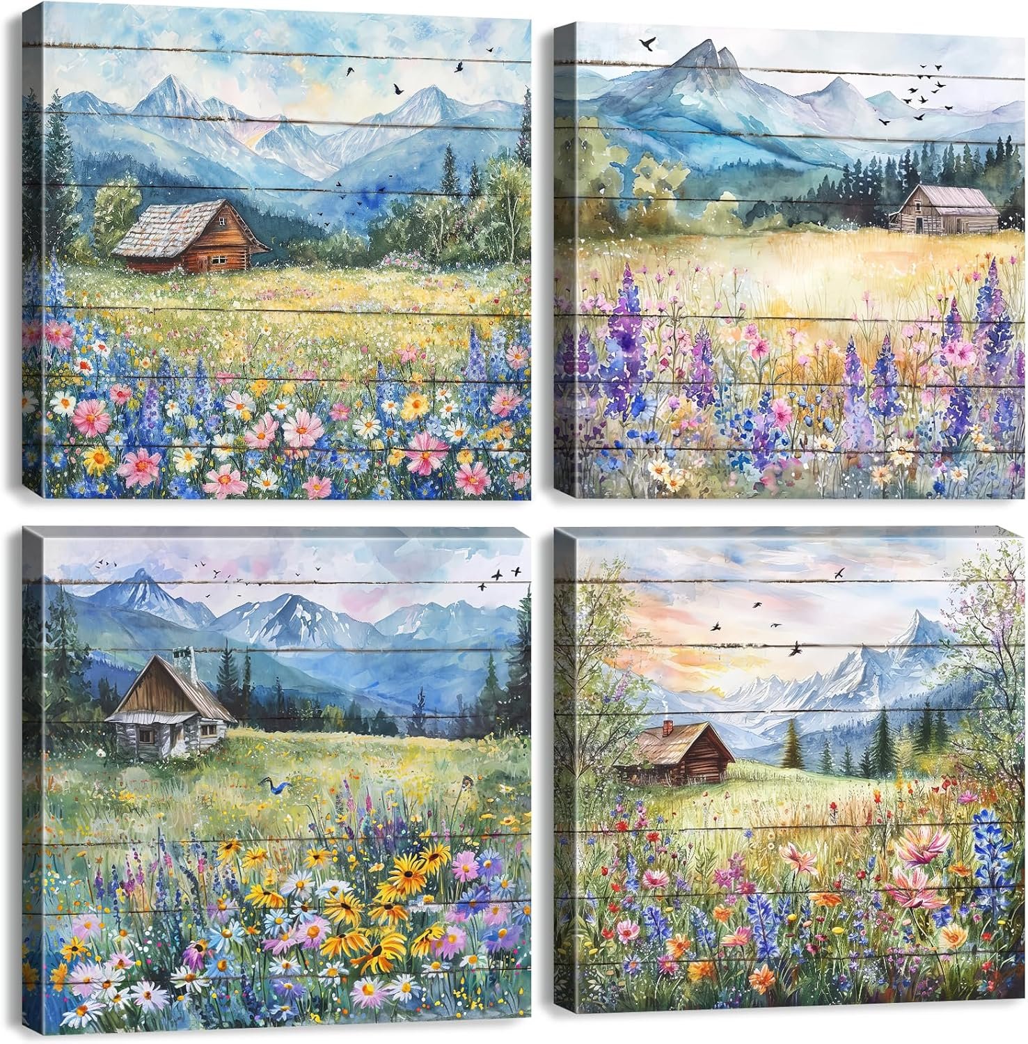 Nature Wall Art Barn Wildflower Landscape Wall Decor Farmhouse Floral Scenery Pictures Mountain Posters for Bedroom Living Room Forest Canvas Prints Flower Artwork Bathroom Home Decoration 12×12” 4Pcs