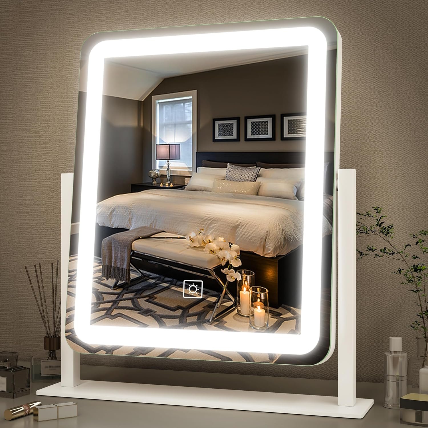 FENNIO Vanity Mirror with Lights – 15″x12.6″ LED Lighted Makeup Mirror, Large Makeup Mirror with Lights, Touch Screen with 3-Color Lighting, Dimmable, for Vanity Desk Tabletop, Bedroom