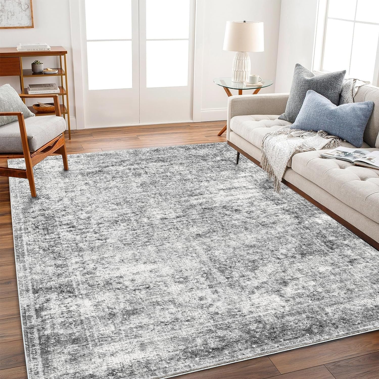 Area Rug 4×6 Washable Rug Gray Vintage Traditional Floor Cover Foldable Thin Retro Accent Indoor Distressed Non Slip Carpet Floral Print Mat Bedroom Living Room Bathroom