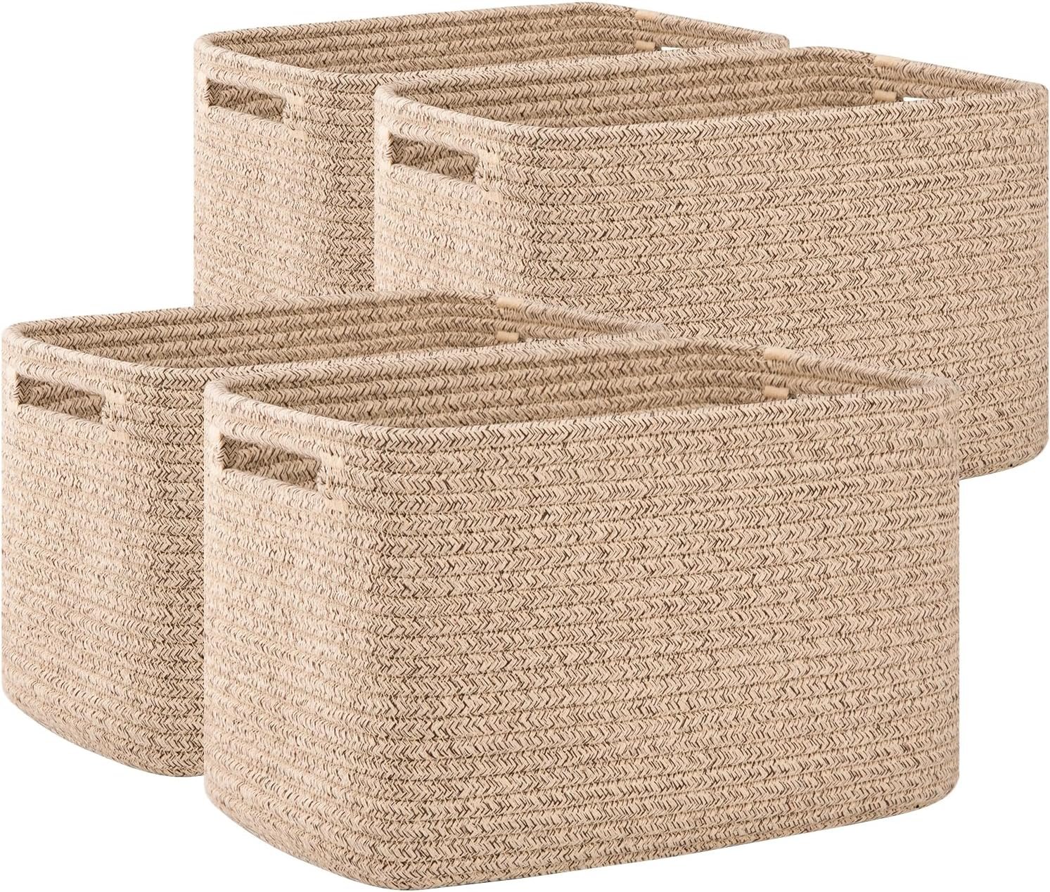 OIAHOMY 4 Pack Storage Baskets for Organizing, Cube Storage Bins for Shelves, Rectangle Storage Baskets With Handles, Woven Baskets for Storage, 12.7”Lx9”Wx7.8”H, Brown
