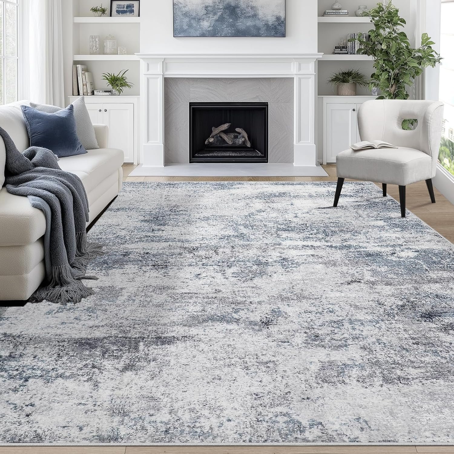 8×10 Area Rugs for Living Room Rug Washable: Abstract Large Rug for Dining Room Bedroom Carpet Non Slip 8 by 10 Indoor Modern Nursery Home Office Blue Grey