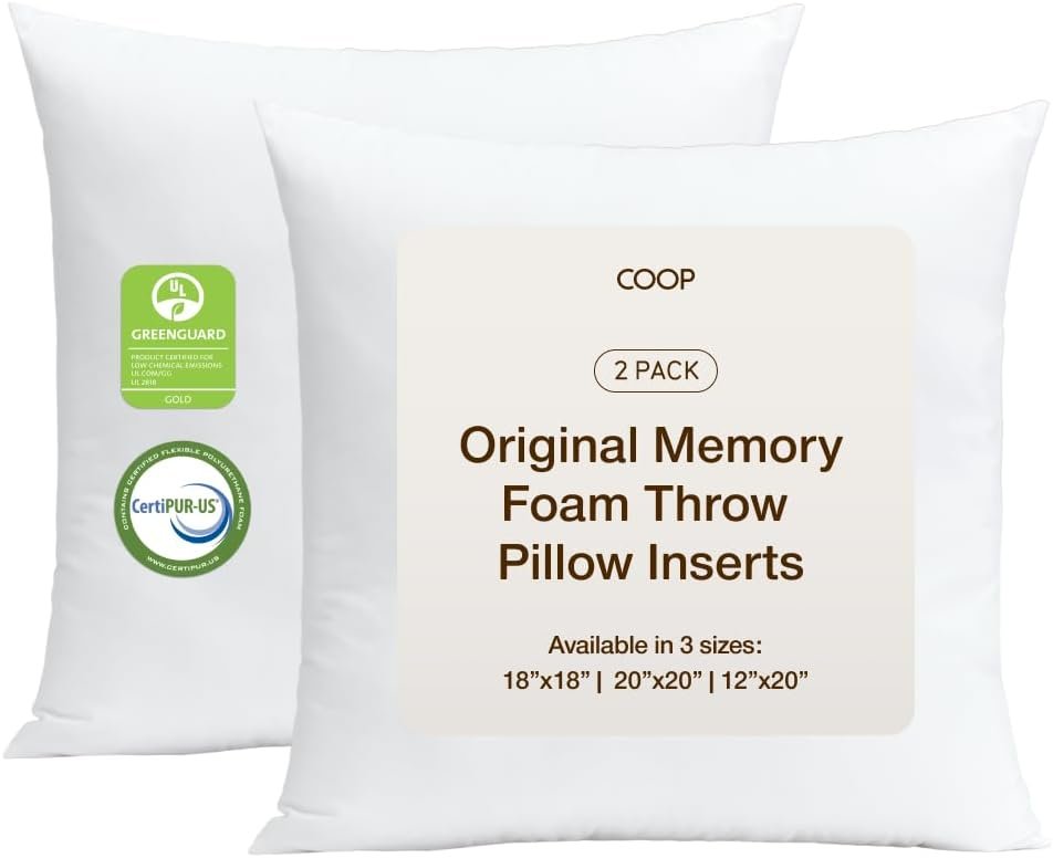 Coop Home Goods Original Adjustable Throw Pillow Inserts, Pack of 2, White, 20×20 Inches, Couch and Decorative Pillows with Memory Foam Fill