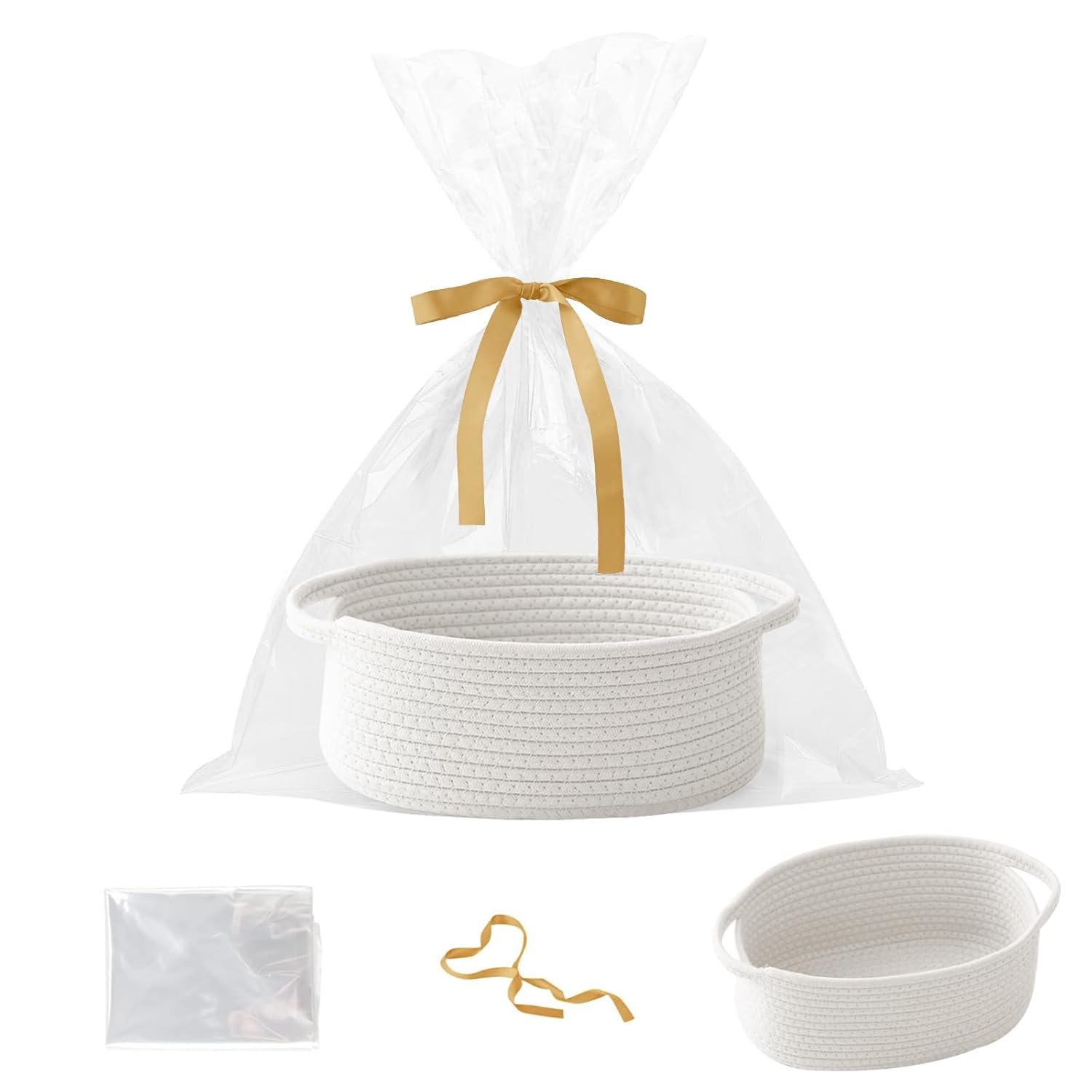 Gift Basket with Gift Bag and Ribbons,Small Rope Woven Shelf Storage,Baskets for Gifts Empty,Birthday,Baby Shower,Decorative Organizer Box with Handles(White)