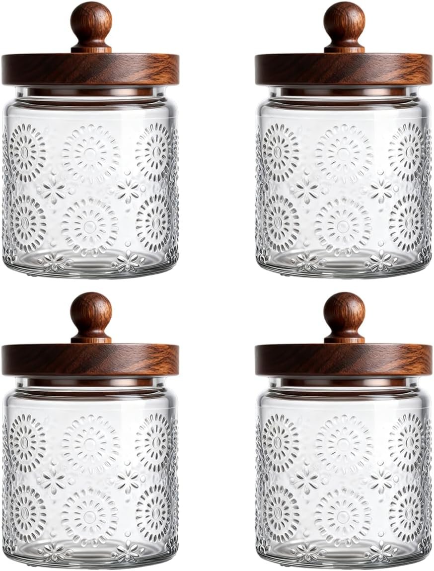 Vintage Glass Jars with Airtight Wood Lids & Handles – 16.9 OZ Set of 4 – Coffee Jars,Tea Canisters，Candy Jars for Flour，Sugar- Kitchen Pantry Containers (4, Blossom Storage Jar)