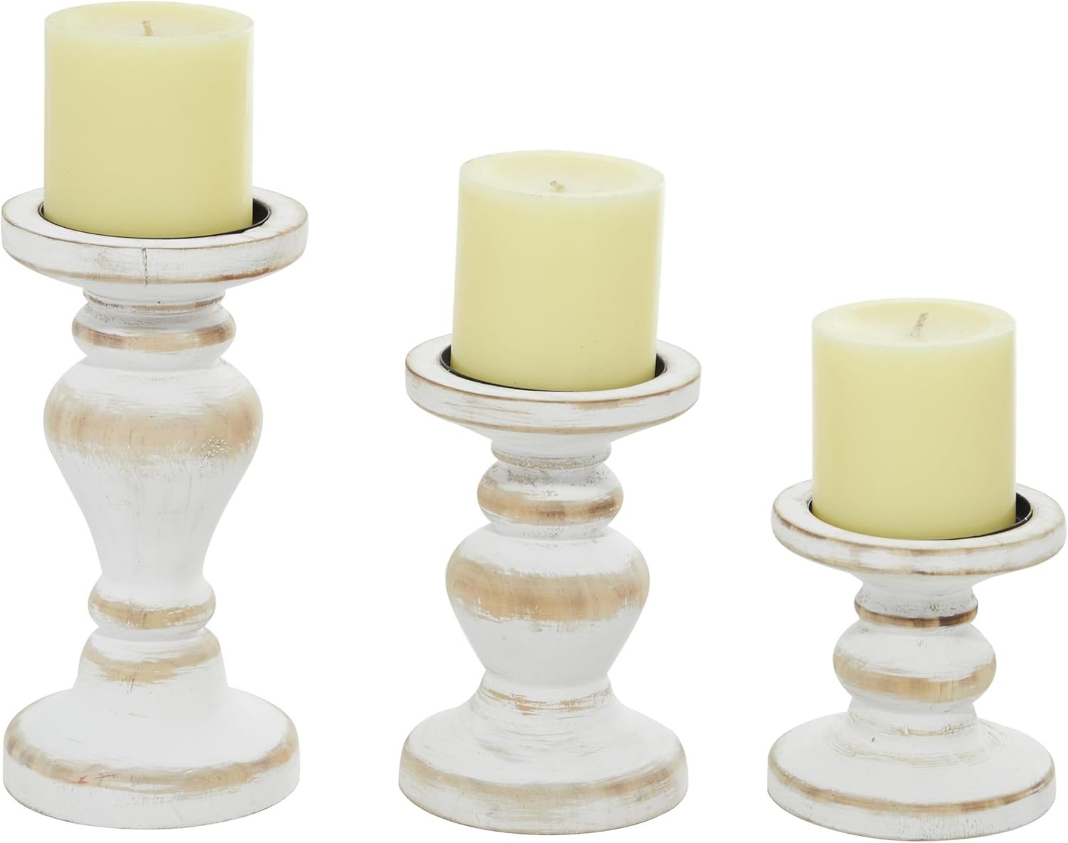 Deco 79 Wood Decorative Candle Holder Turned Style Candle Stand, Set of 3 Candlestick Holder 8″, 6″, 4″H, White