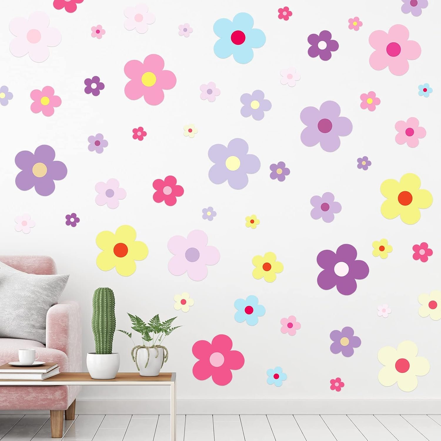 TaoBary 288 Pcs Y2k Cute Flowers Wall Sticker Colorful Floral Wall Decal Vinyl Peel and Stick Preppy Hippie Stickers Aesthetic Flowers Decor for Nursery Bedroom(9.1 x 11.4 Inch,Lovely Colors)