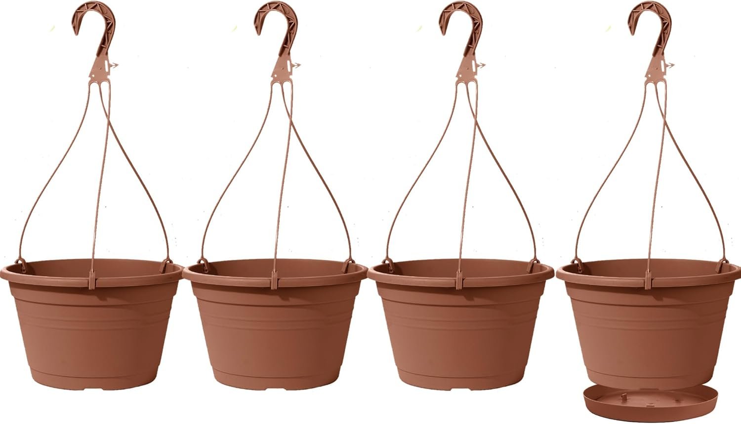 VIDELLY 4 Pcs Hanging Planters for Indoor Plants,10″ Large Plastic Hanging Basket Pots with Drainage Trays & Chain Holder for Outdoor Indoor Plants Garden Balcony Decoration, Brown