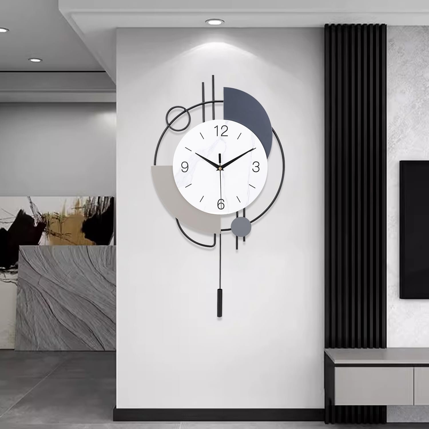 Wall Clock, Silent Non-Ticking Quality Quartz Battery Operated with Pendulum, Large Wall Clock for Living Room Kitchen Home Bathroom Bedroom Wall Decor, 13×21.65inch(Black)