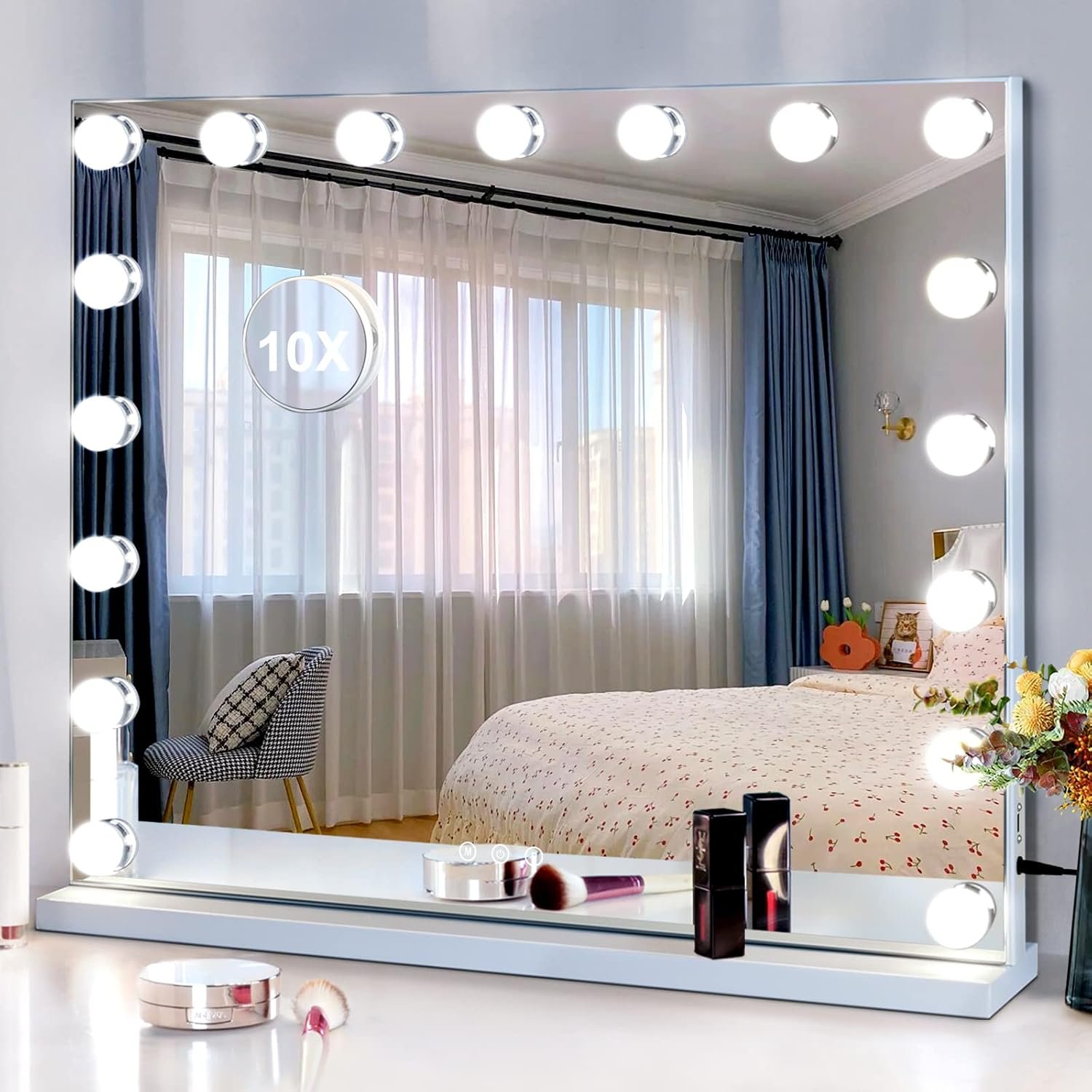 Vanity Mirror with Lights -17 Bulbs, 25″ x 21″ Large Hollywood Vanity Mirror, 10X Magnifying, 3 Colors Modes, Touch Control Mirror with Lights, Tabletop or Wall-Mounted, USB Charging Port