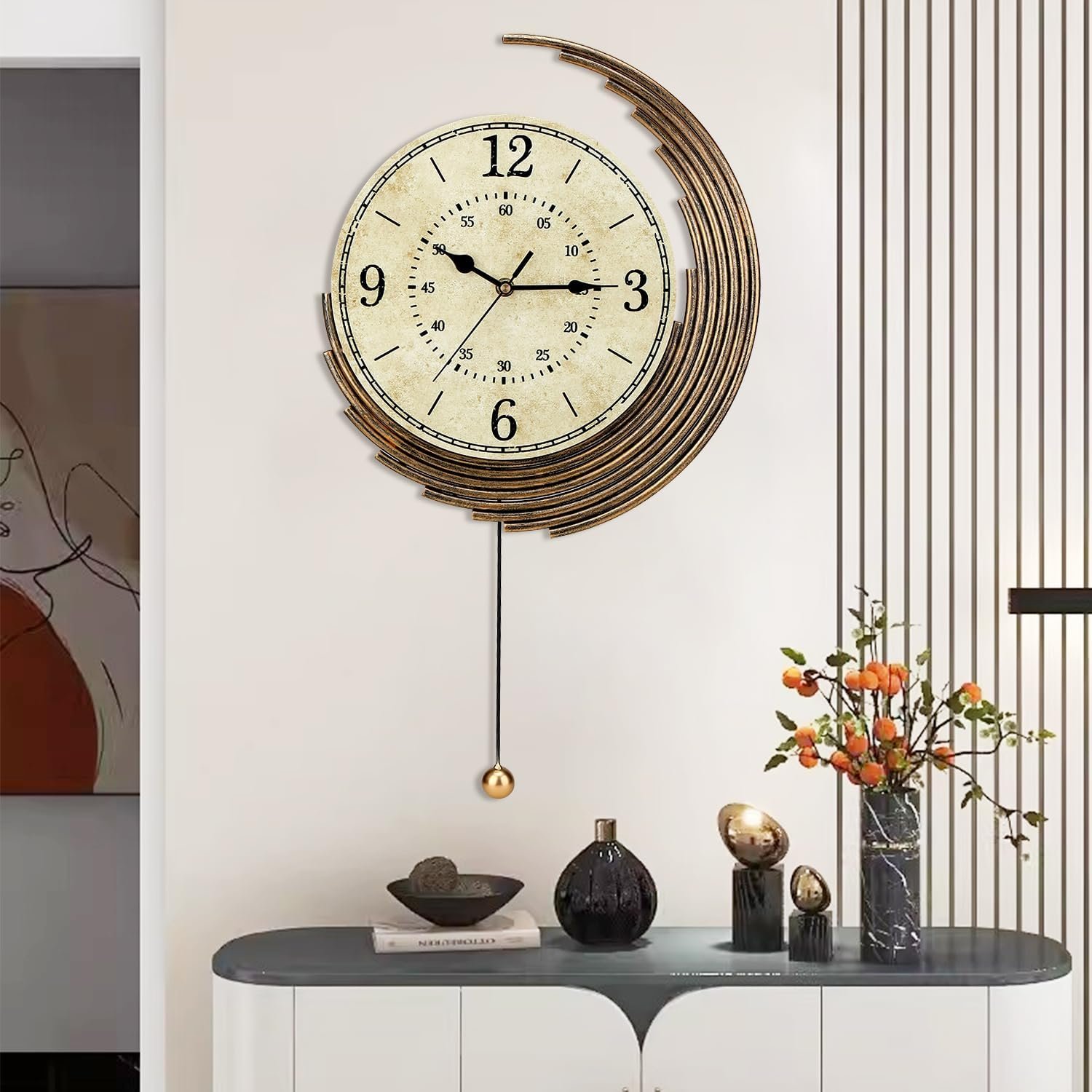 Decorative Wall Clocks with Pendulum,Silent Quality Quartz Movement Battery Operated,Vintage Wall Clock for Living Room,Kitchen,Home,Bathroom,Bedroom Wall Decor,13x22inch,Retro Golden