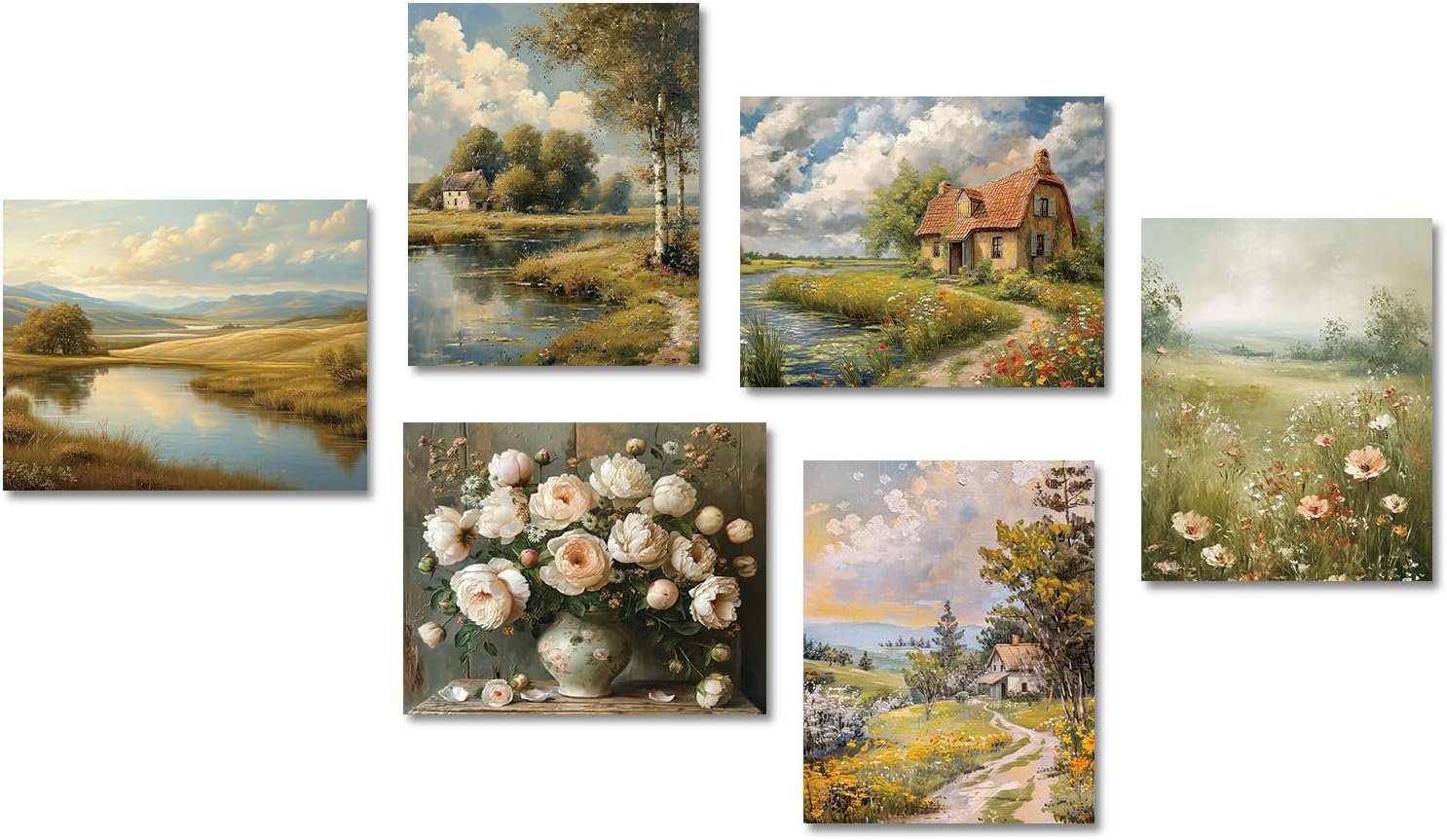 Set of 6 Vintage French Country Wall Decor Landscape Wall Art Flower Art Prints Gallery Wall Art for Farmhouse Bedroom Living Room 8×10 in Unframed