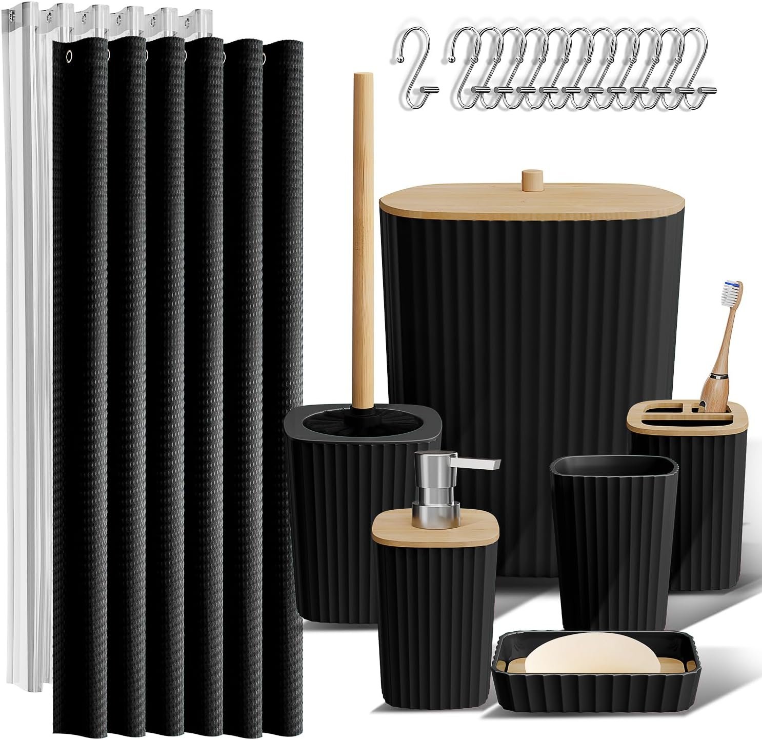 Clara Clark Bathroom Accessories Set – Bathroom Set, Bathroom Accessory Set, Shower Curtain Set, Toilet Brush, Trash Can & Soap Dispenser – Black – 20PC