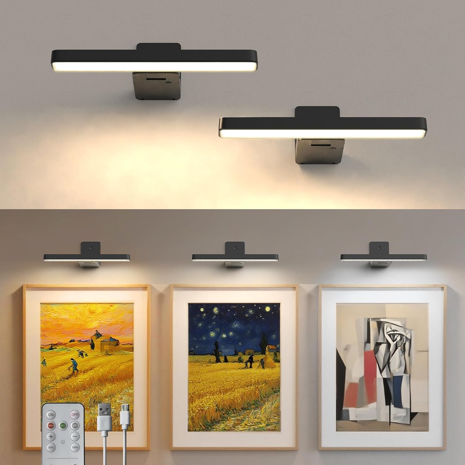 L LOHAS LED 2 Pack Picture Lights for Wall, Rechargeable Battery Operated LED Picture Light with Remote, Dimmable Poster Light for Paintings, Portraits, Art Frames, 3 Color Temperatures, Black