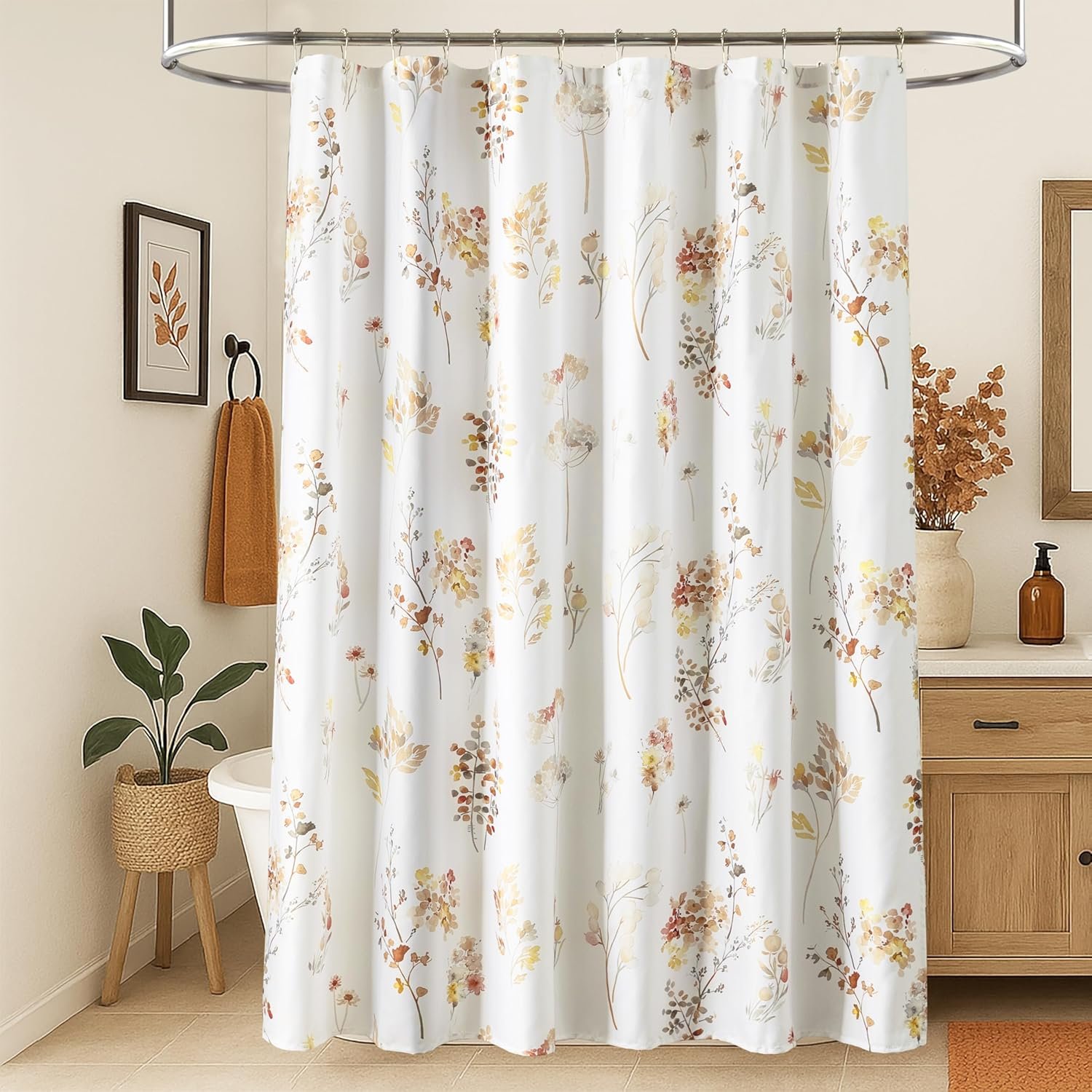 Fall Shower Curtain for Bathroom,Terracotta Rust Burnt Orange Color Fabric Boho Farmhouse Rustic Autumn Floral Leaves Theme Thanksgiving Shower Curtains Set with Hooks,72×72 Inch