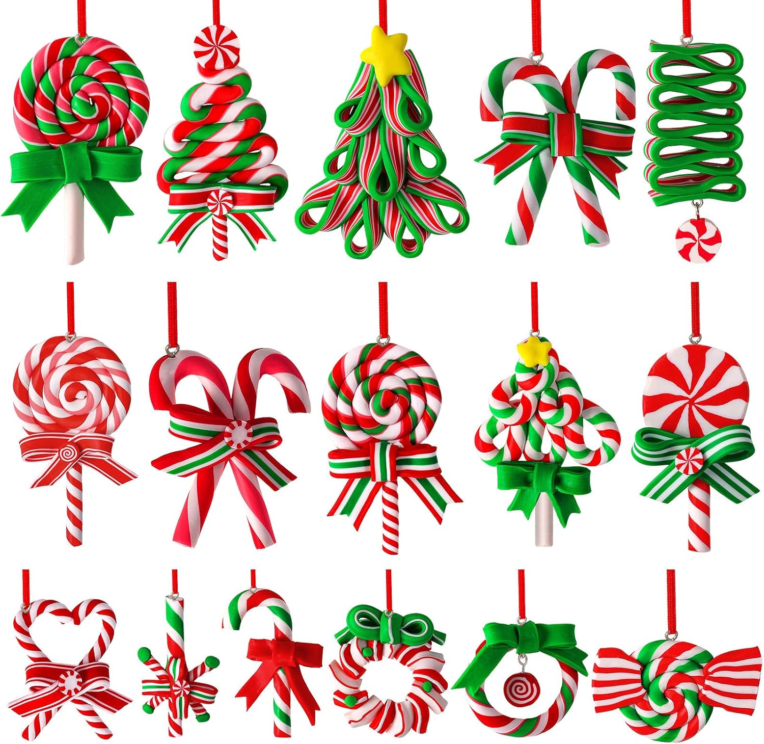 AUGSUN 16Pcs Christmas Lollipop Ornaments, Candy Christmas Tree Decorations Colorful Mini Candy Cane Hanging Ornaments Polymer Clay Peppermint Pendants for Xmas Tree Party Home Decorations