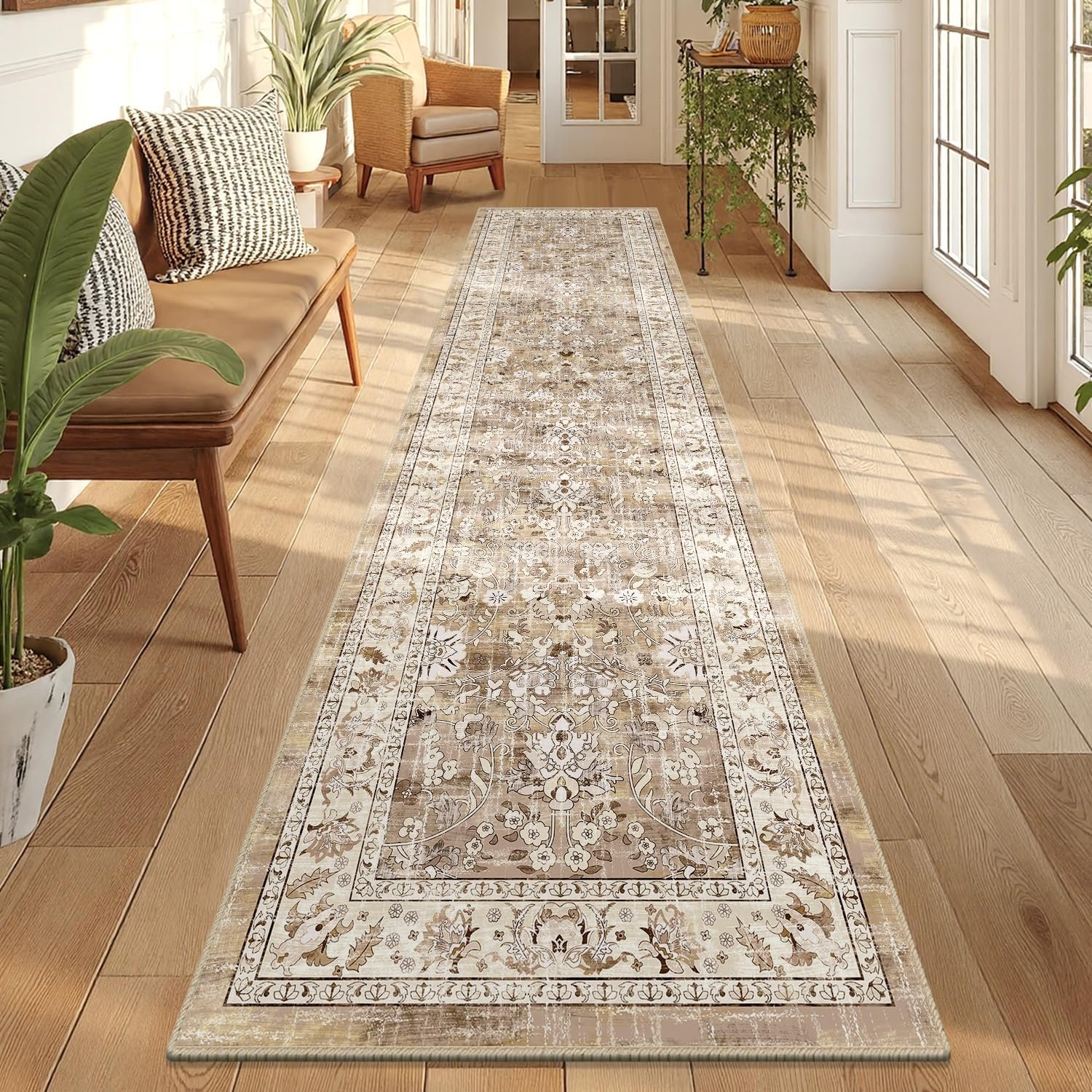 LOKHOM Washable Runner Rug, 2×8 Non-Slip Vintage Hallway Runner Rug with Rubber Backing, Boho Floral Soft Faux Wool Kitchen Rug Carpet Runner for Laundry Entryway Bedroom (Beige Brown)