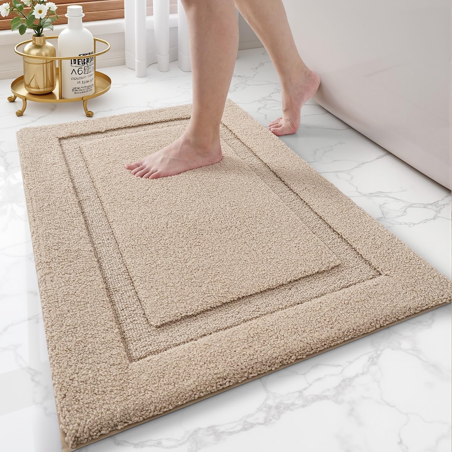 LUMI Ultra Soft Bathroom Rugs Non Slip with Rubber Backing, Absorbent Washable Bath Mat Quick Dry, Upgraded Premium Microfiber Plush Carpet for Bathtub and Shower Floor, Beige, 24×36