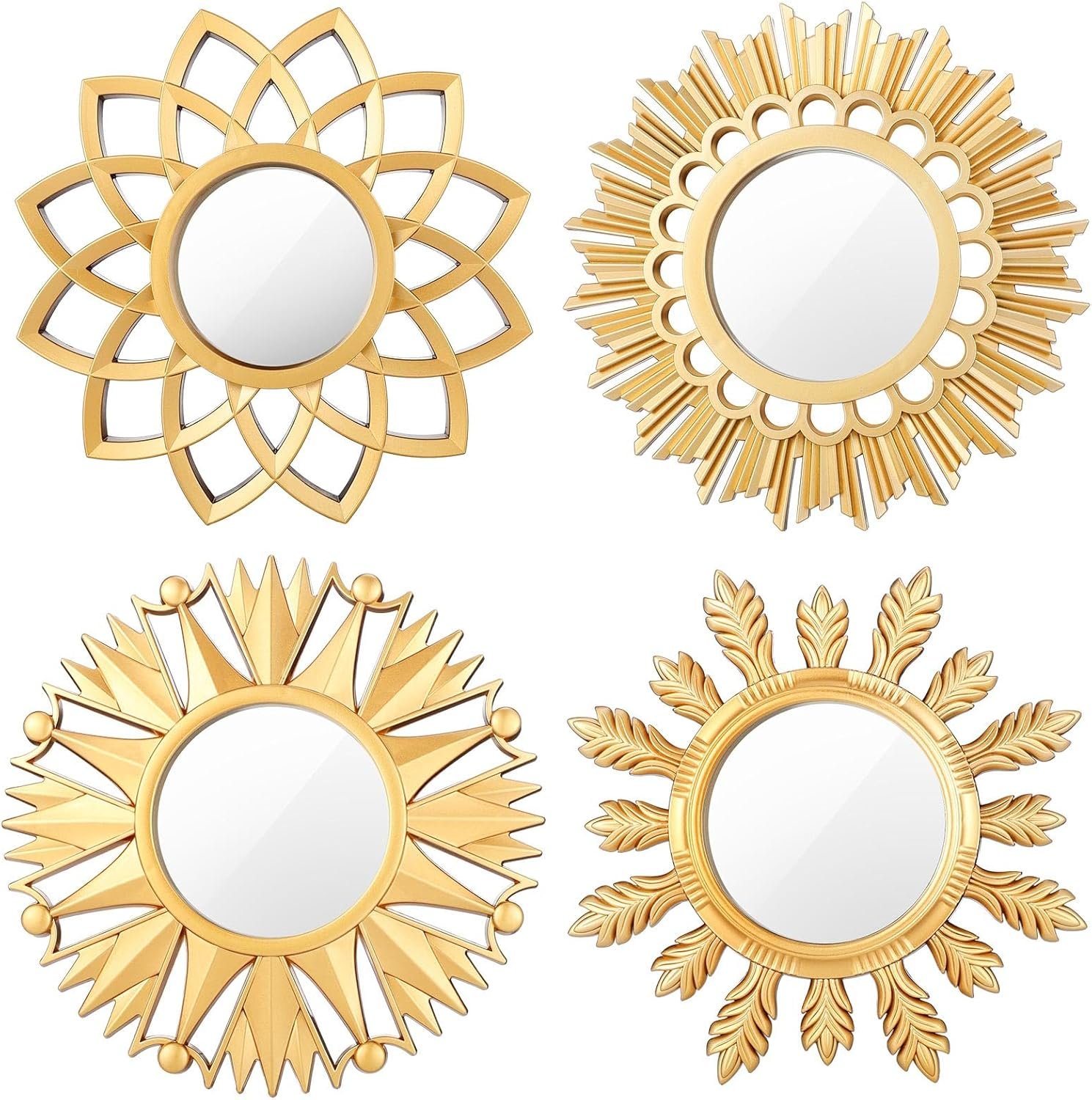 Dandat Set of 4 Gold Mirrors for Wall Decor Small Circle Flowers Mirrors Decorative Silvery Hanging Wall Art Flowers Mirror for Home Living Dinning Room Bedroom Bathroom Boho Art Gifts(Gold)